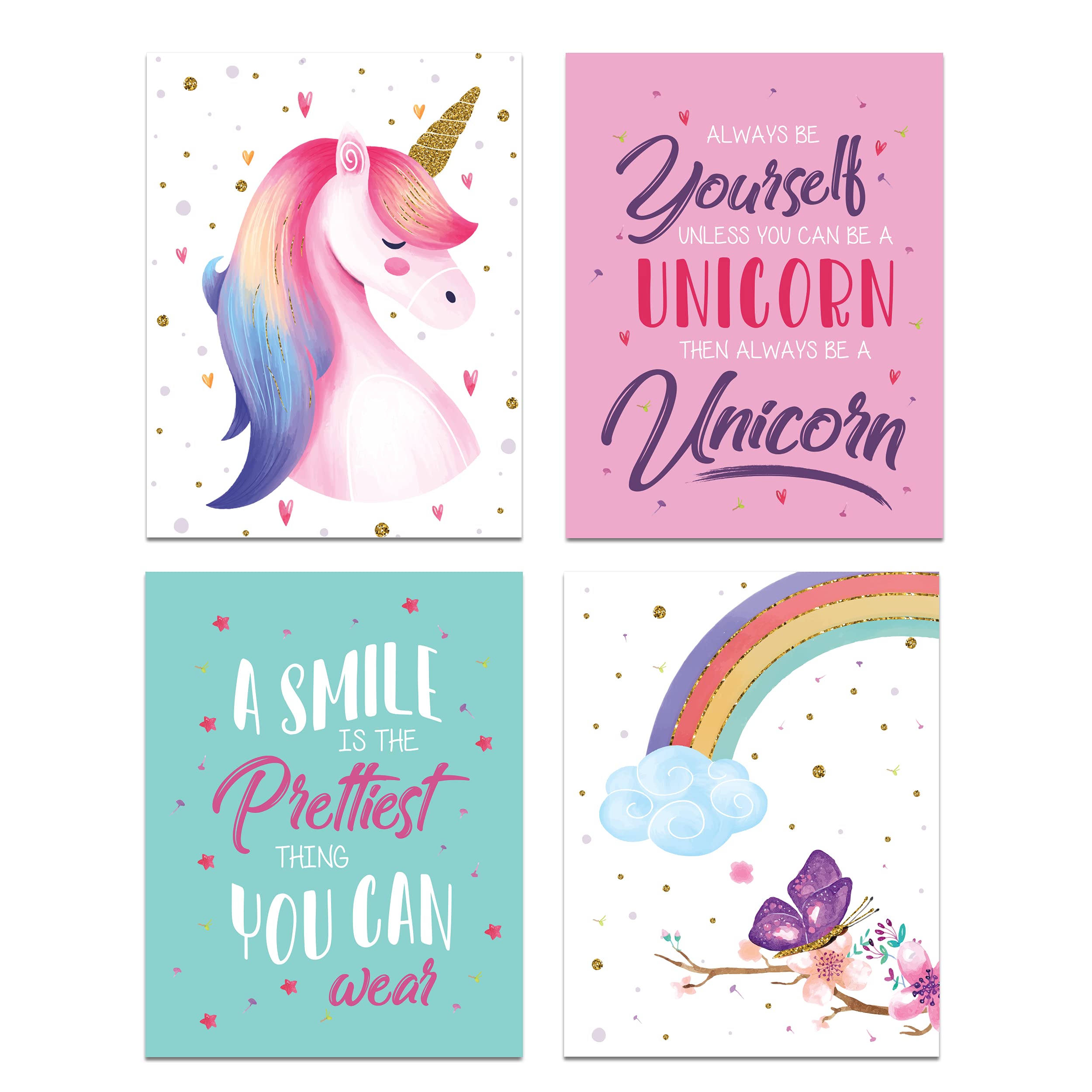 Unicorn Wall Art for Girls Room - Set of 8 (8x10 Inch) Unicorn Posters & Prints, Cute Bedroom Decor for Kids & Teens - Perfect for Nursery, Playroom or Birthday Gift