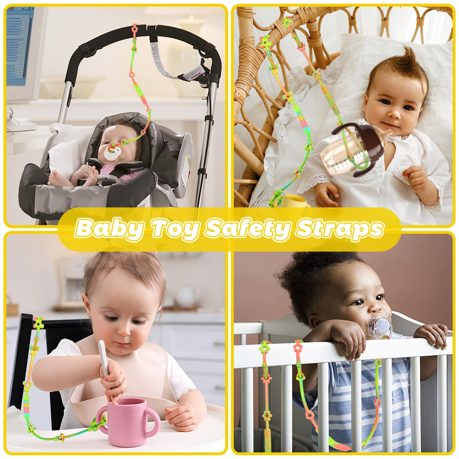 Baby Safety Straps - 4 Pack Silicone Pacifier Clips & Toy Tethers for Stroller, Car Seat, High Chair | BPA-Free Teething Straps with Busy Links | Travel Essentials for Infants & Toddlers (Use for Pacifiers, Bottles, Toys in Car, Stroller, Crib or High Chair)