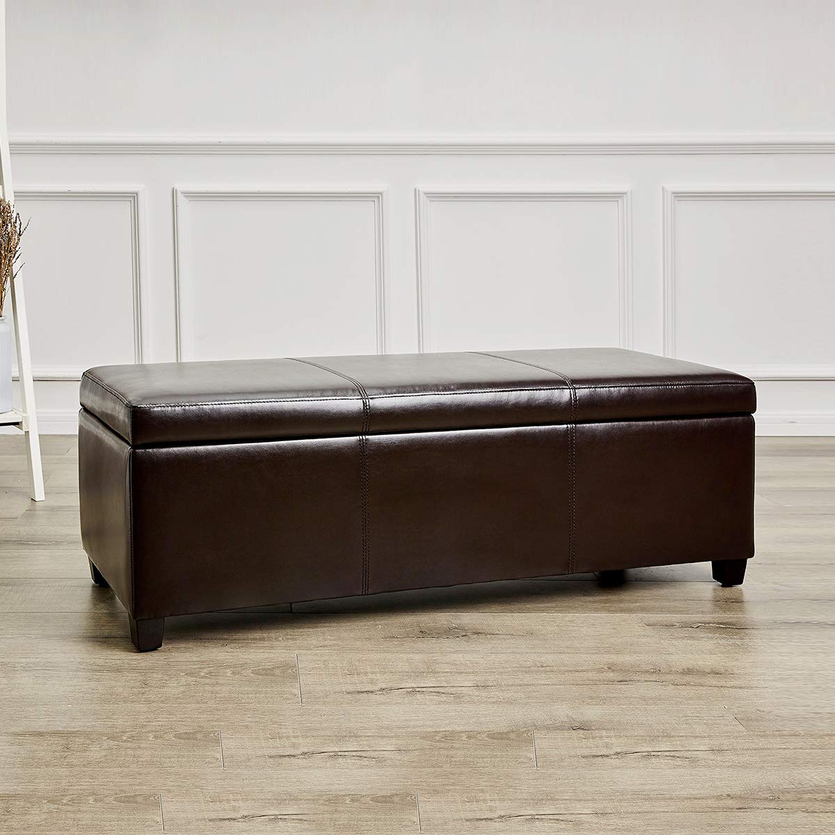 FIRST HILL FHW Madison Rectangular Faux Leather Storage Ottoman Bench - Large Espresso Brown - Living Room Footrest, Bedroom Storage, Entryway Seating