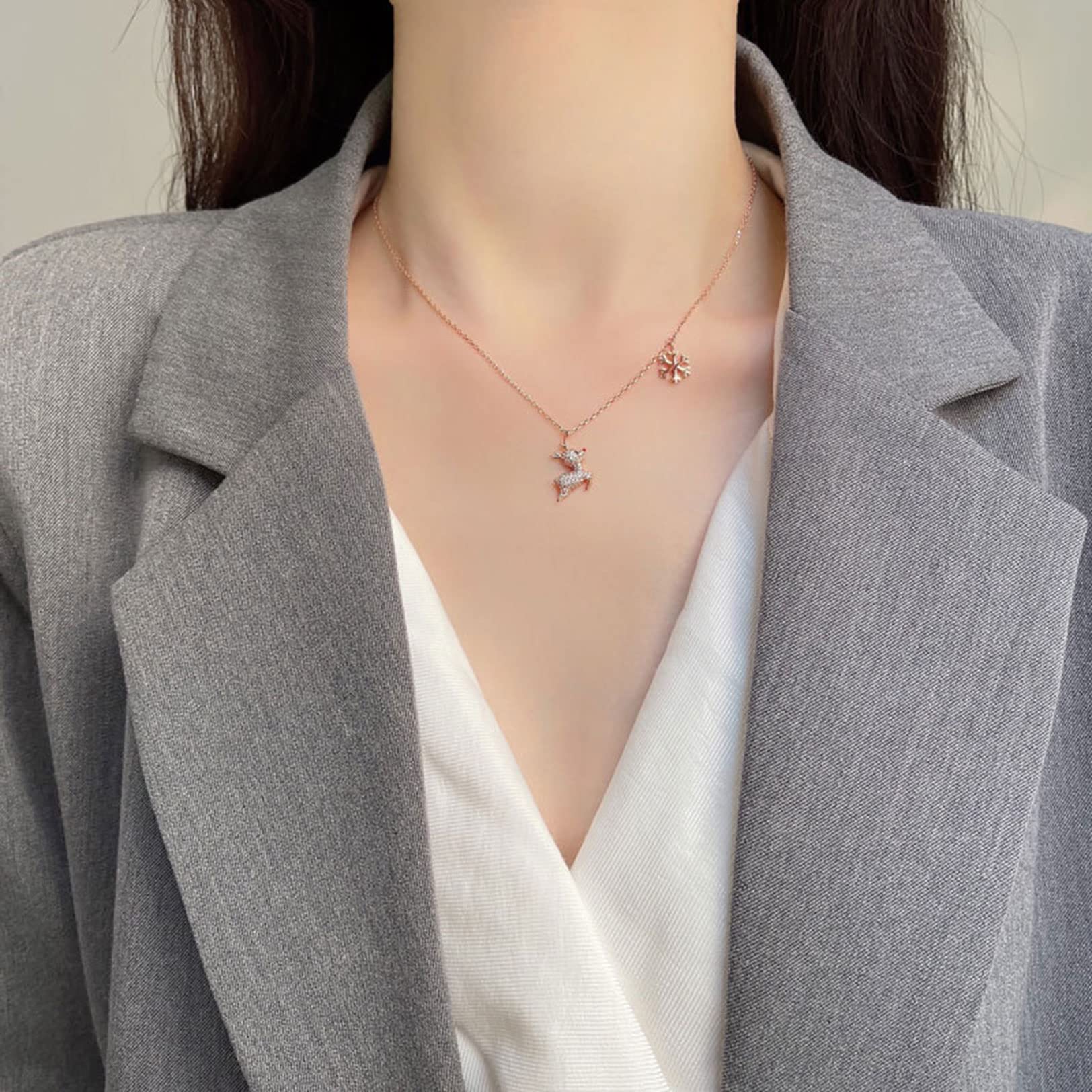 925 Sterling Silver Snowflake Reindeer Pendant Necklace with Cubic Zirconia | Christmas Birthday Thanksgiving Gift for Women & Girls | Elegant Deer Antler Charm Jewelry for Holiday Parties & Special Occasions