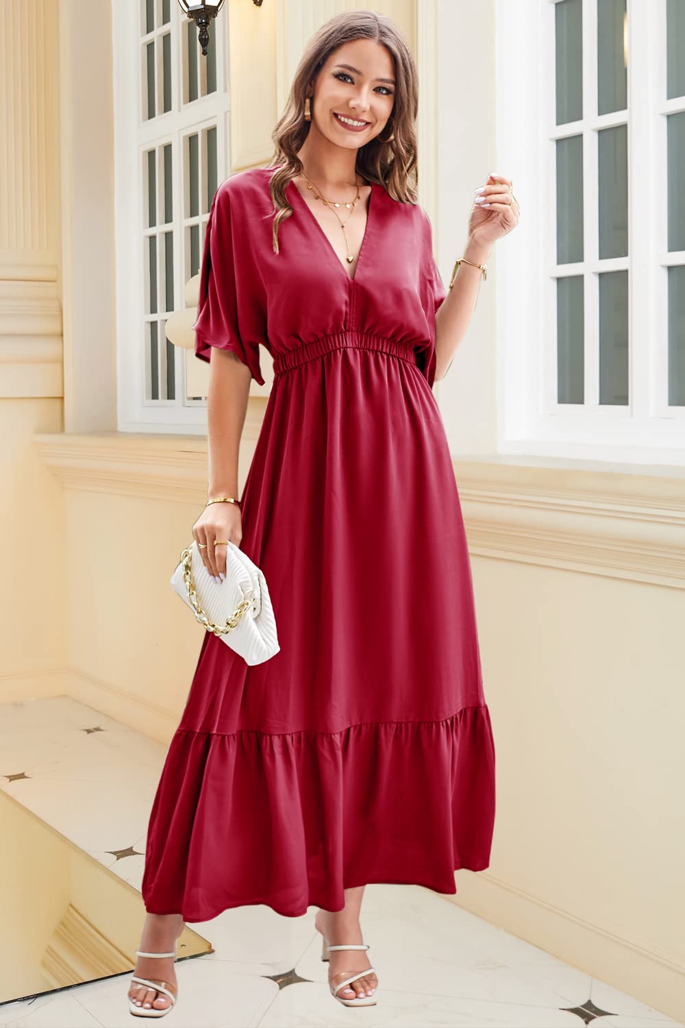 STYLEWORD Women's 2025 Summer Maternity Dress - Short Sleeve V-Neck Boho Maxi Dress with Tiered Flowy Design for Pregnancy | Perfect for Beach Vacations, Baby Showers & Summer Outings