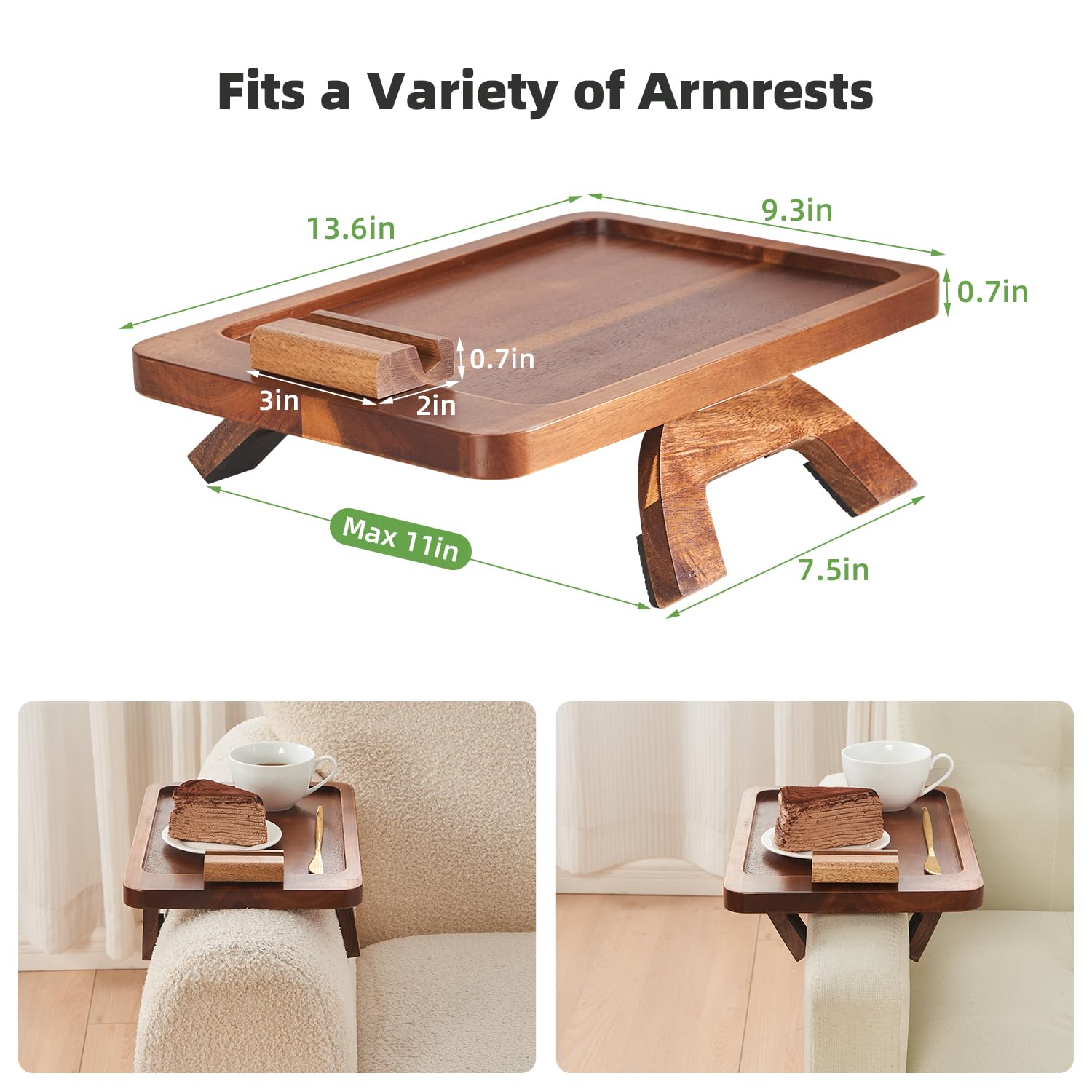 Foldable Acacia Wood Couch Arm Table with Phone Holder - Portable Tray for Eating & Drinks on Wide Couches