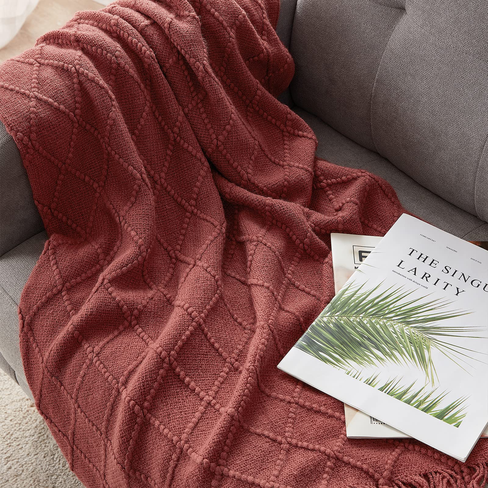 BOURINA Burgundy Throw Blanket 50x60 Inches - Soft Textured Knit Blanket for Sofa, Couch, Bed - Cozy Decorative Blanket for Living Room, Bedroom, Office & Travel