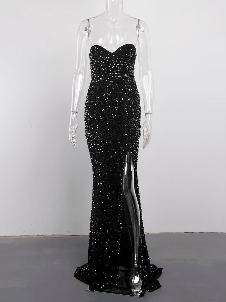 Luxury Sequin Strapless Velvet Evening Gown with Thigh High Slit & Padded Bust - Perfect for Prom, Gala, Cocktail Party & Formal Events