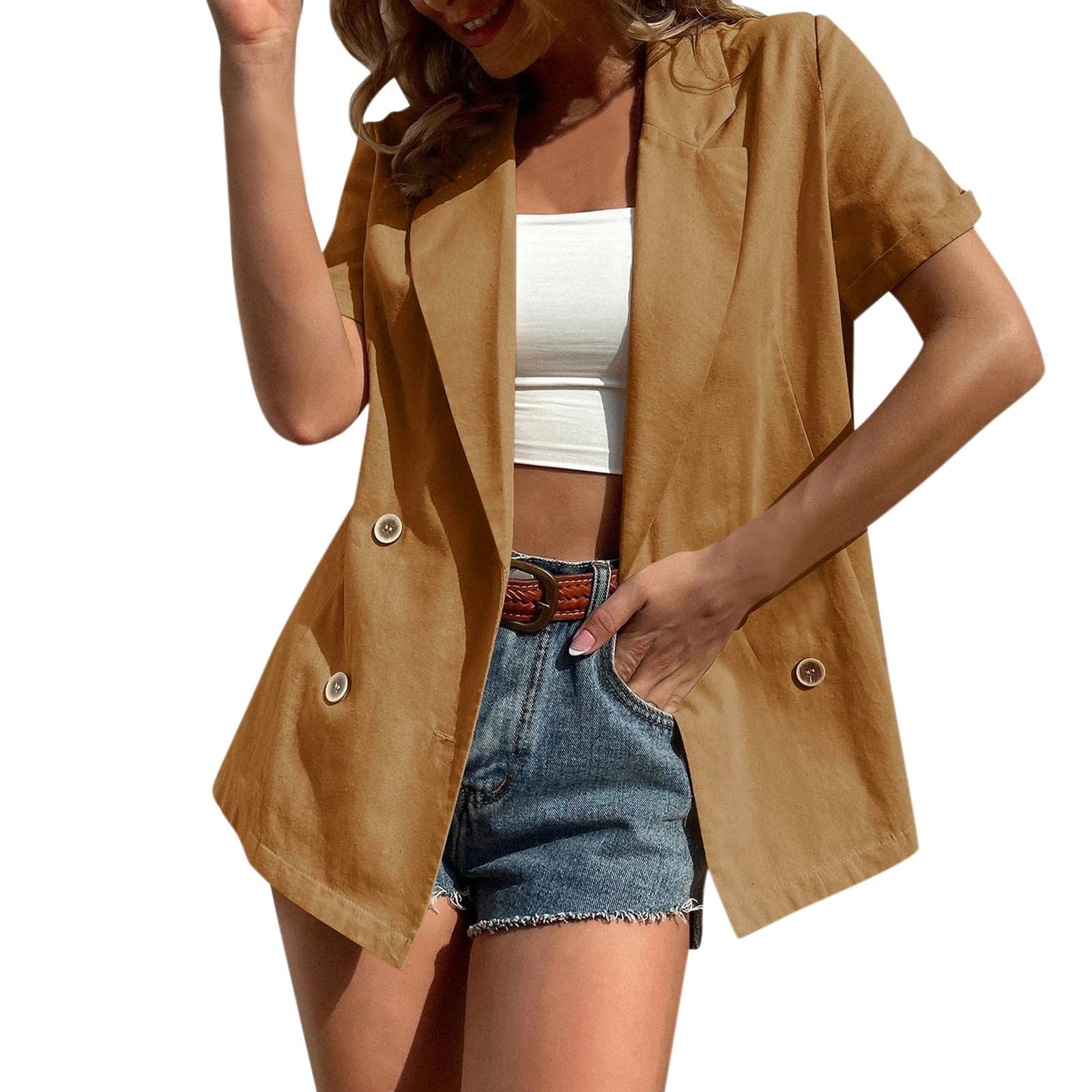 Women's Slim Fit Double Breasted Casual Blazer - Short Sleeve Notch Lapel Cotton Office Jacket with Chiffon Shirt for Work, Business & Formal Occasions