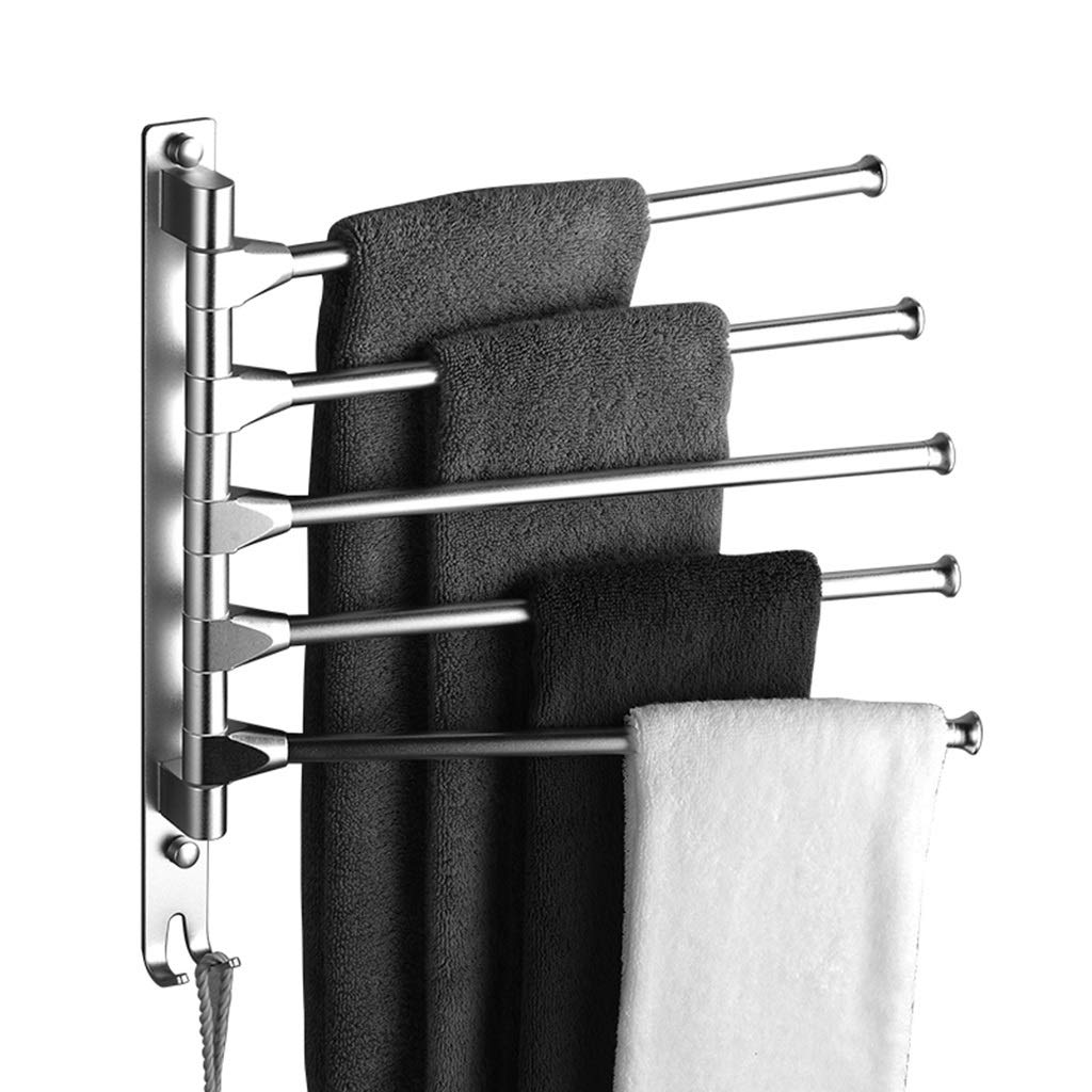180 Degree Rotatable 5-Bar Aluminum Towel Rack with Hooks - Silver Space-Saving Bathroom Towel Holder for Kitchen, Laundry Room & Spa - Durable Wall-Mounted Towel Rail Organizer