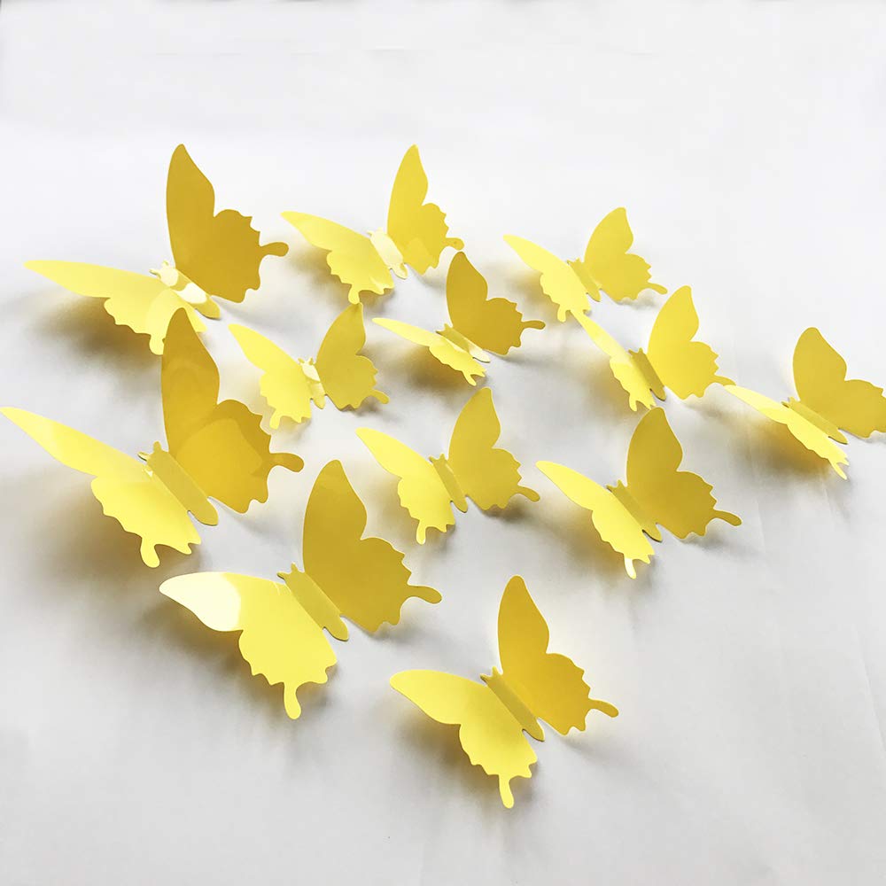 3D Yellow Butterfly Wall Decals - 24-Piece Removable Mural Stickers for Home Decor, Kids Room, Bedroom & Living Room - Perfect for Nursery, Dorm & DIY Wall Art Projects (Yellow)