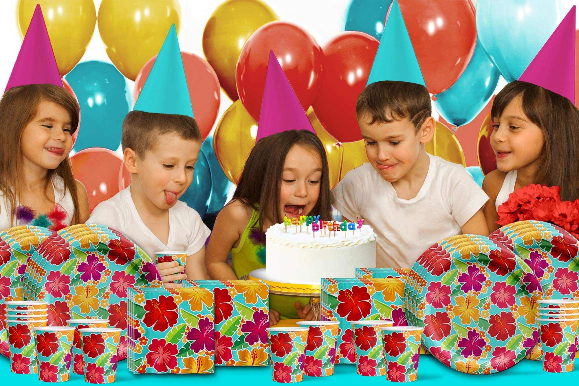 Hawaiian Hibiscus Flower Birthday Party Supplies Set - 16-Piece Tableware Kit with Plates, Napkins & Cups - Perfect for Luau, Tropical & Beach Themed Parties
