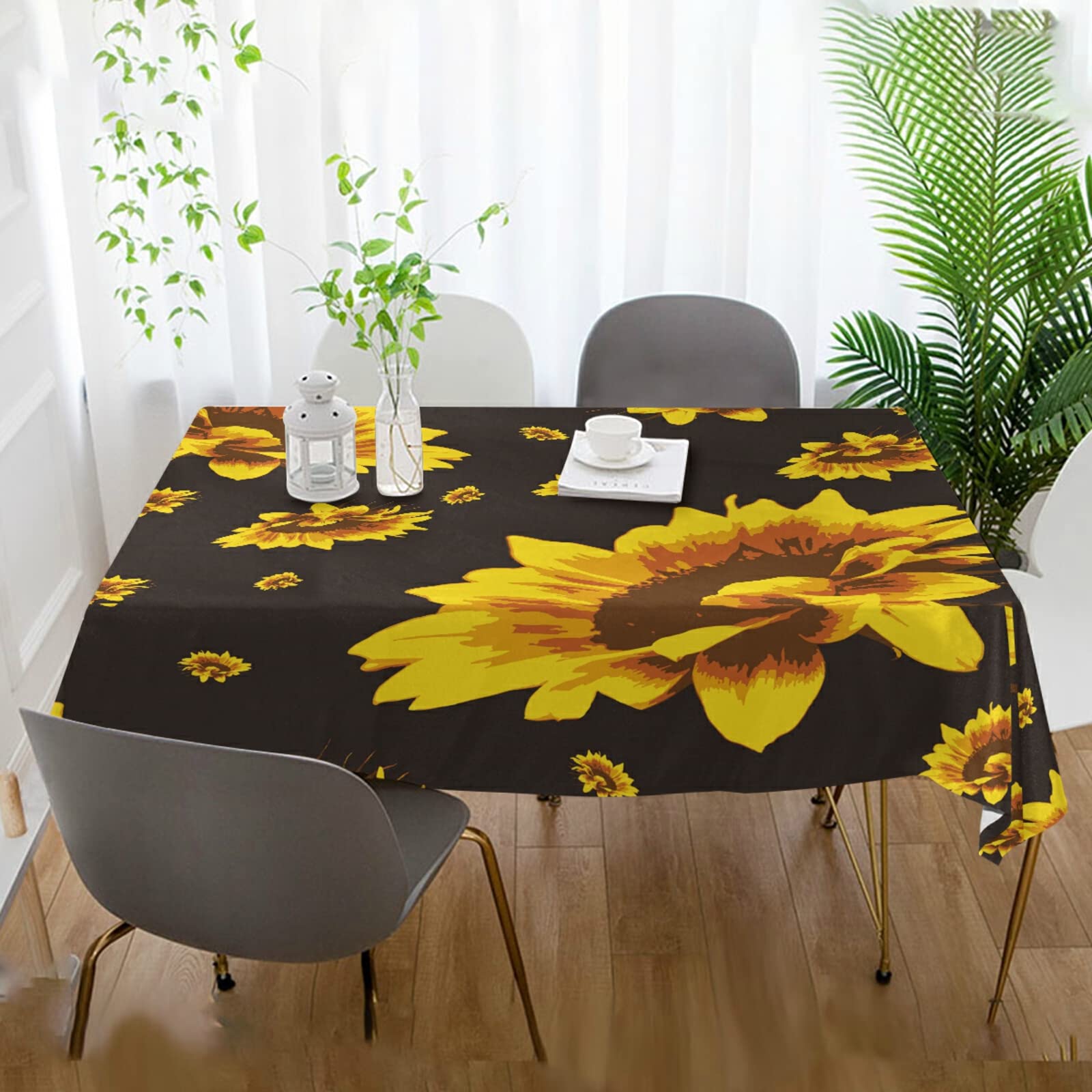 Golden Yellow Sunflowers on Black 60 x 108 Inch Oblong Tablecloth for Party, Dining Room, and Holiday Table Cloths