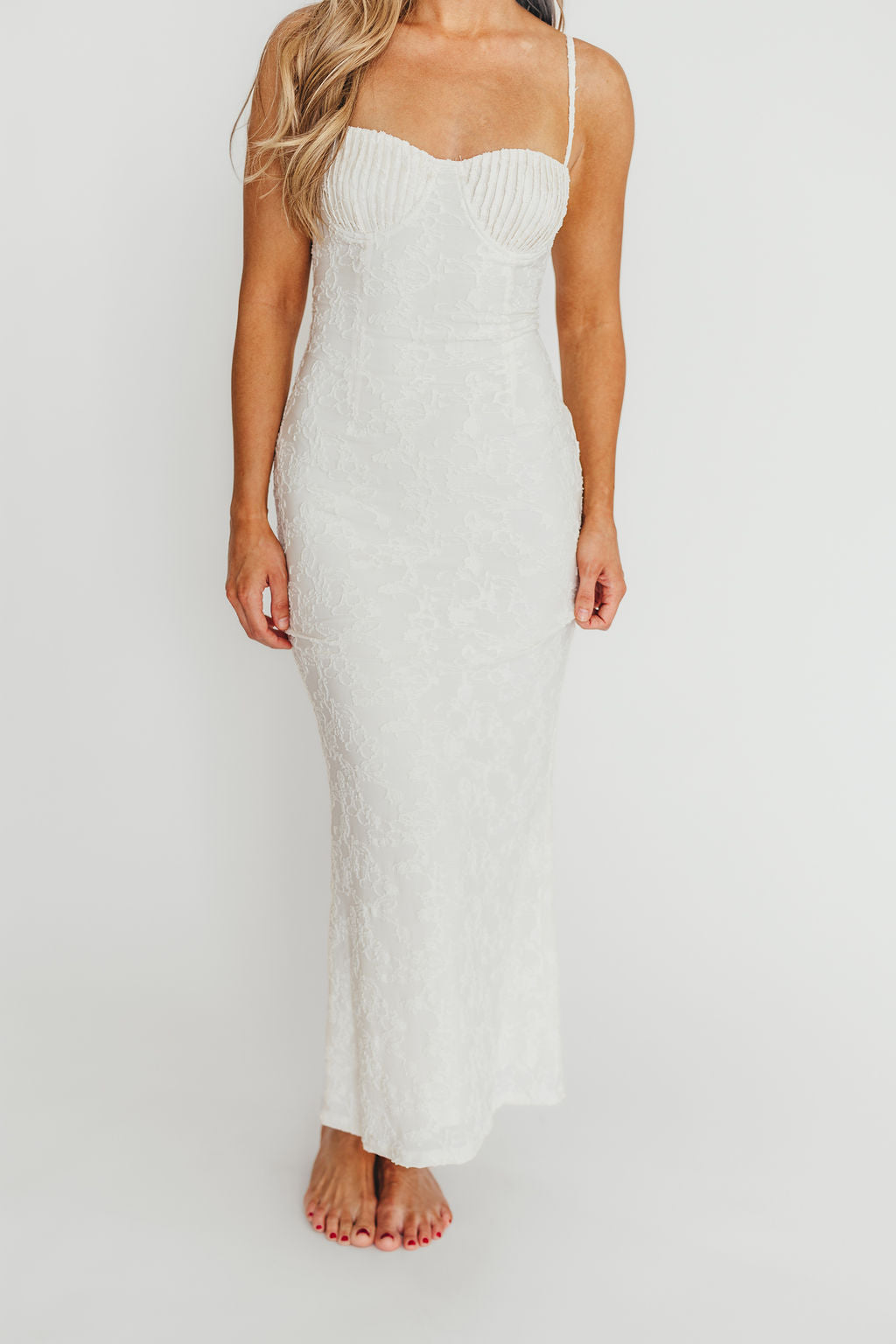 Amira Ruched Bustier Lace Up Back Maxi Dress in Ivory - Elegant Formal Gown for Weddings, Prom & Evening Events
