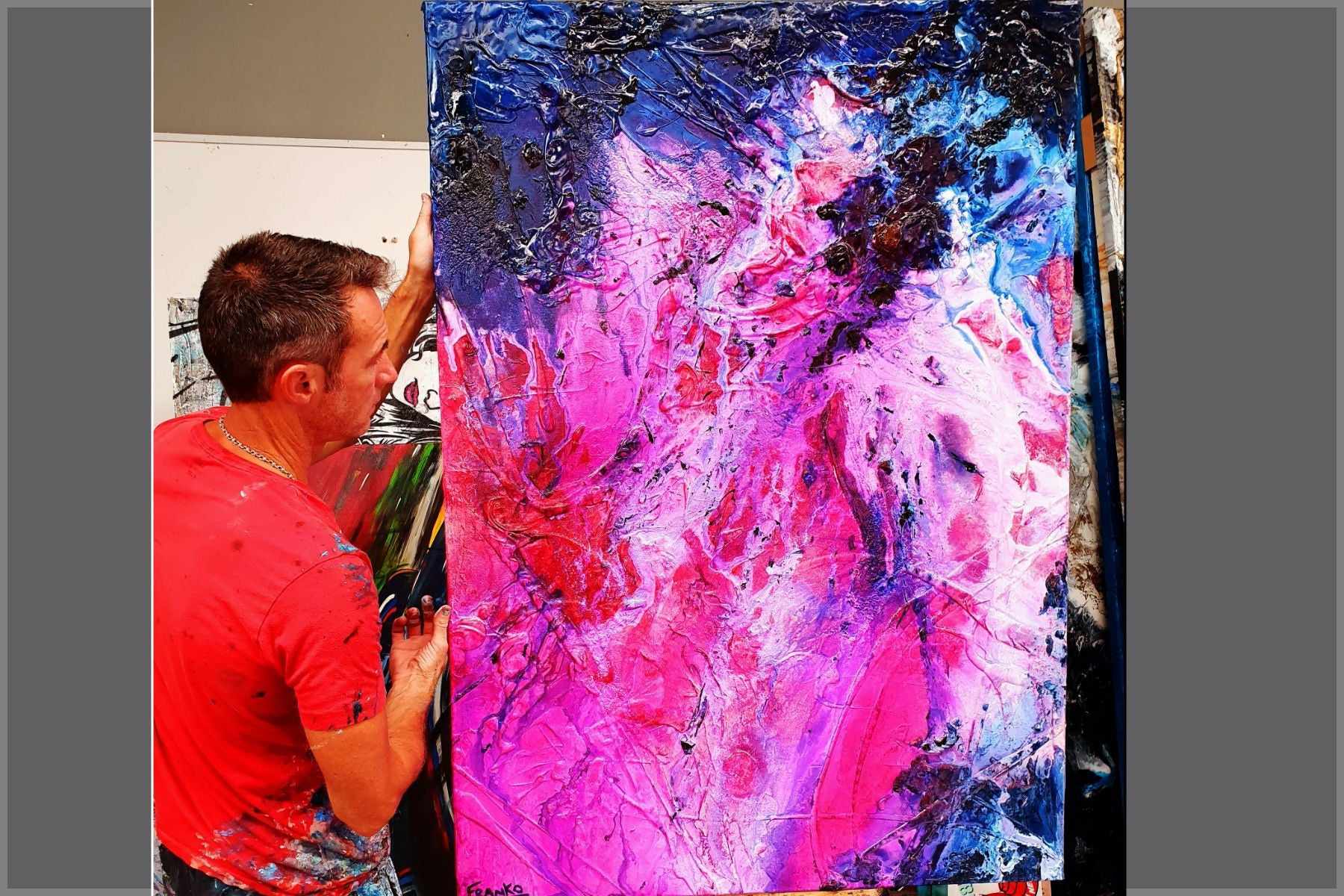 Atomic Ninja 140cm x 100cm Pink Blue Textured Abstract Canvas Art - Modern Wall Decor for Living Room, Bedroom & Office