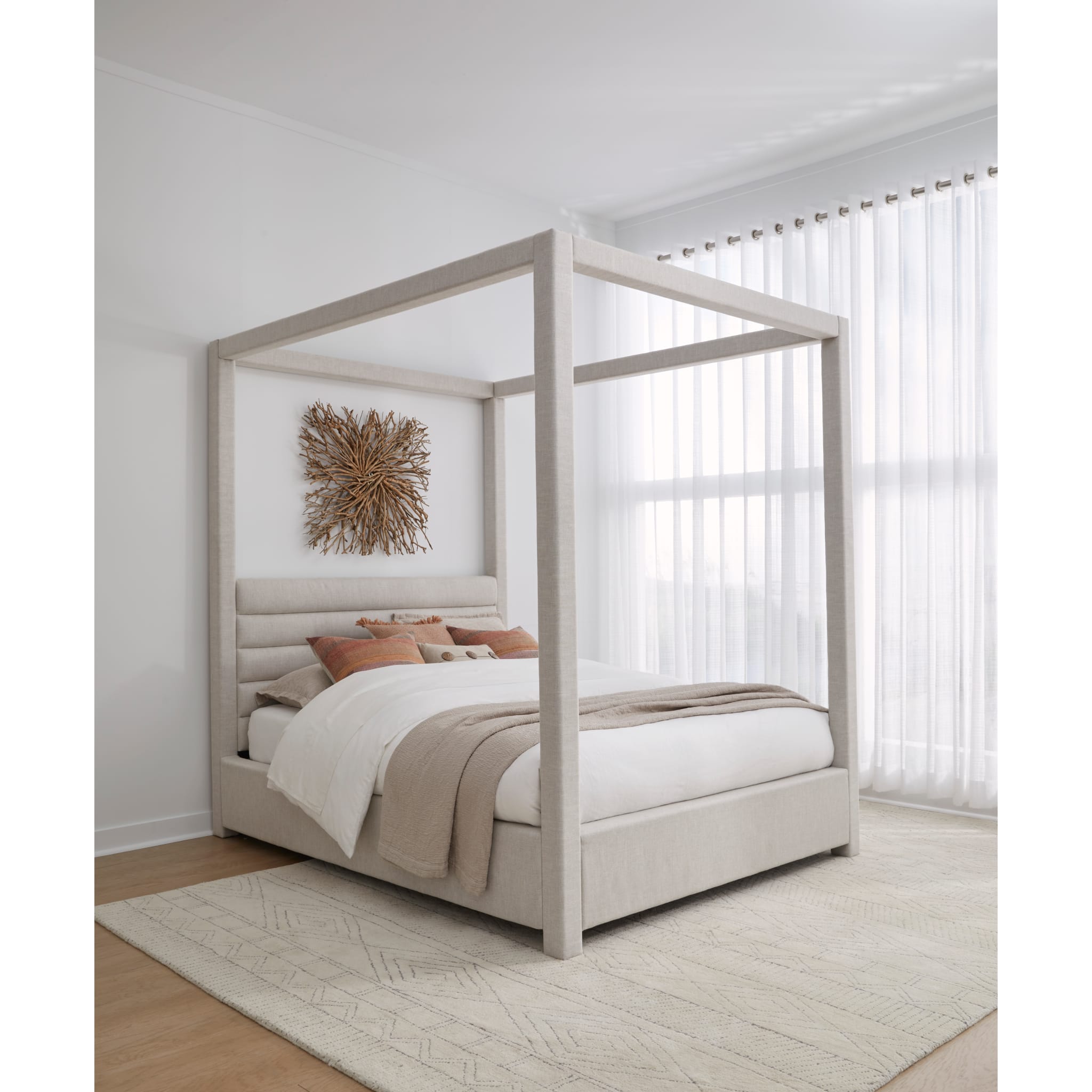 Rockford Upholstered Canopy Bed Frame - Queen Size in Turtle Dove Linen Fabric | Elegant Modern Bedroom Furniture for Master Suite & Guest Room