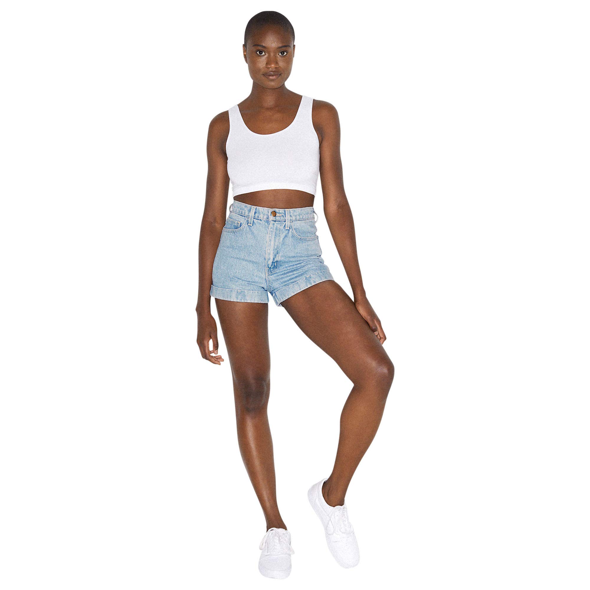 American Apparel Women's High Waist Denim Shorts with Cuffed Hem - Casual Summer Outfits, Beachwear & Street Style Fashion