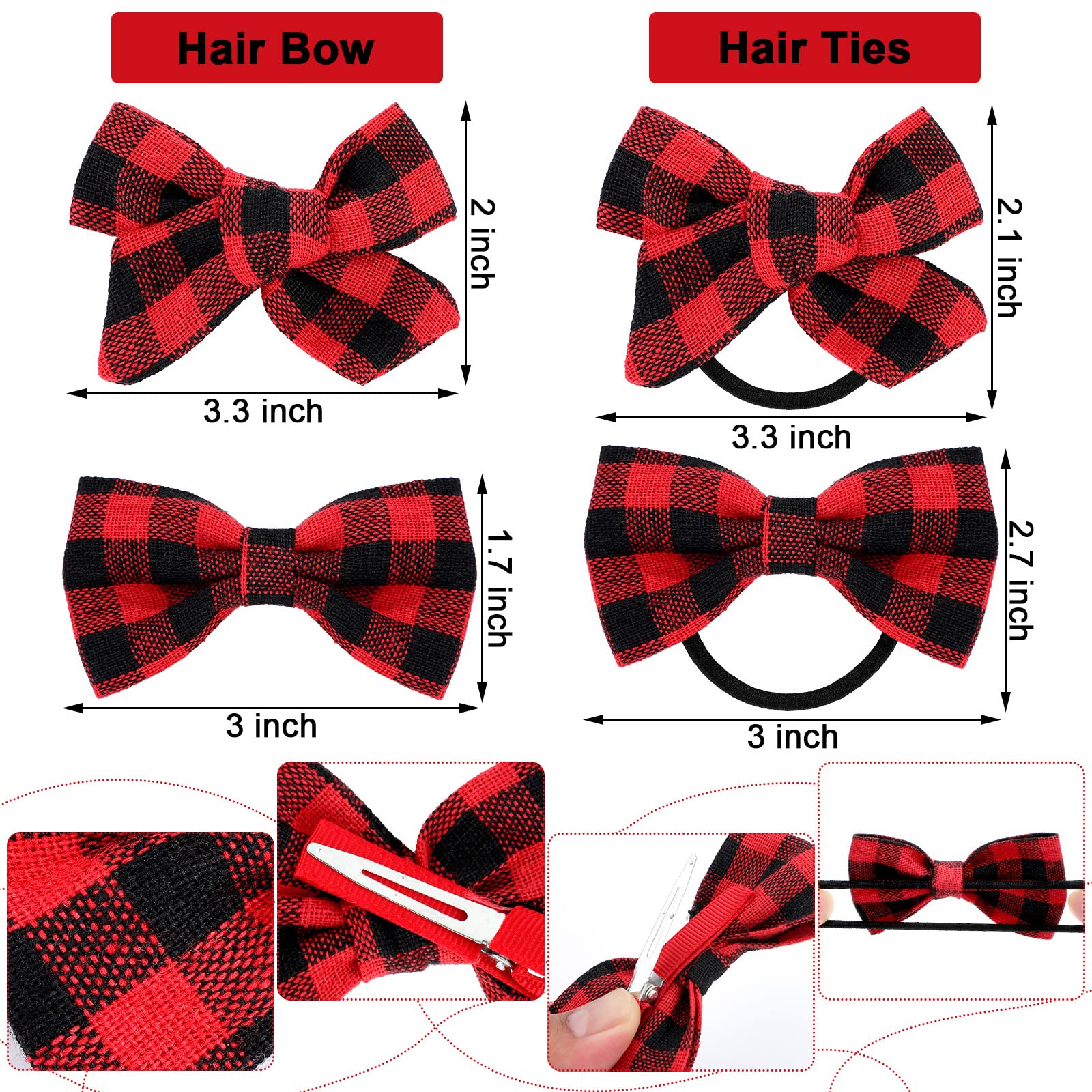 12-Piece Christmas Hair Bows & Hair Ties Set for Girls - Buffalo Plaid Hair Clips with Red Rubber Bands - Festive Holiday Hair Accessories for Women & Kids - Perfect for Christmas Parties, School Events & Family Gatherings