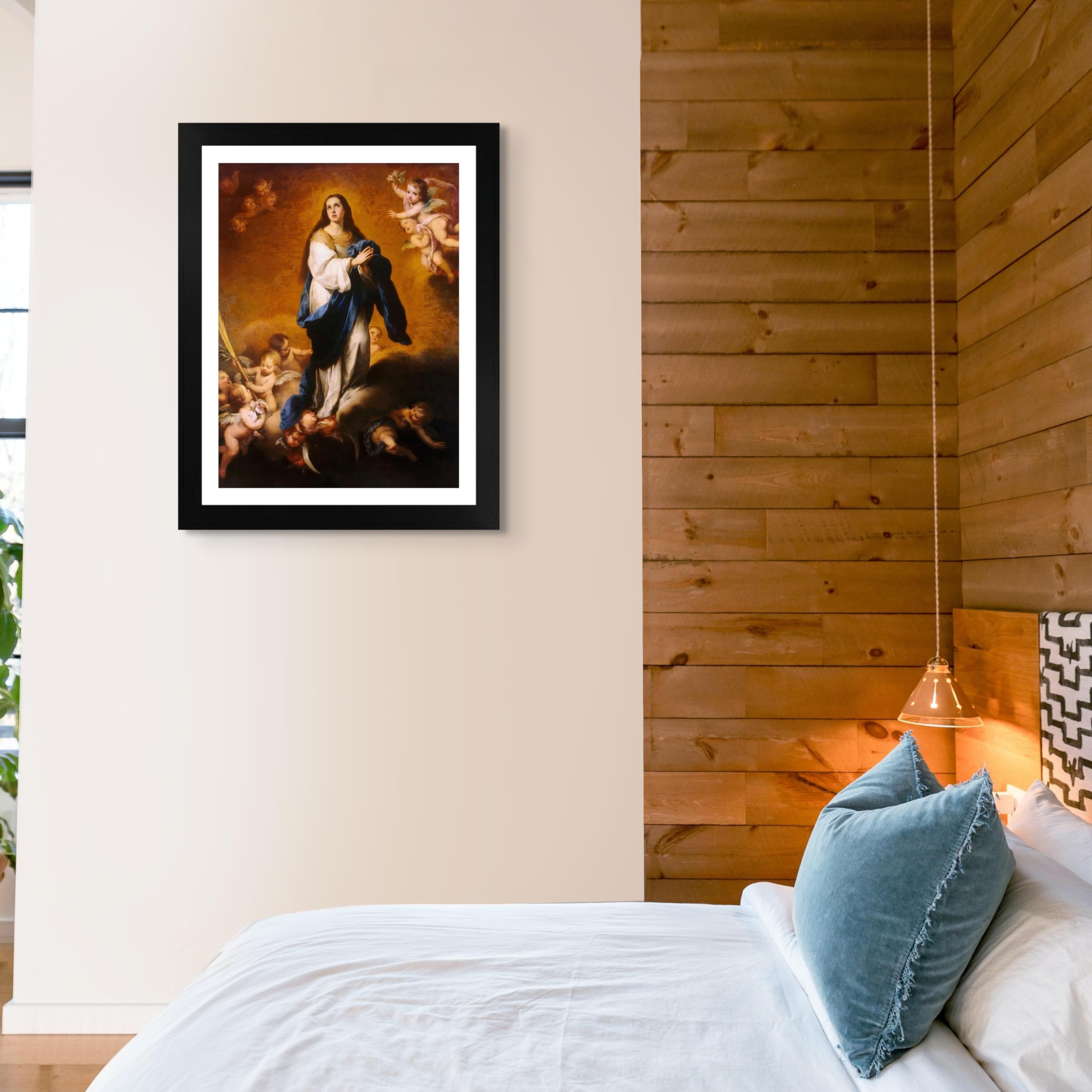 Bartolome Murillo The Immaculate Conception Oil Painting Reproduction - 14x20 Matted Print in Black Flat Frame (20.5x26.5) - Fine Art Wall Decor for Living Room, Bedroom & Office