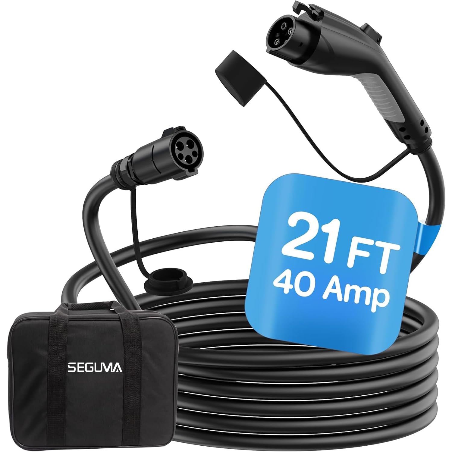 21ft 40Amp J1772 EV Charger Extension Cable - 110V-240V SAE J1772 Compatible for Level 1 & Level 2 Charging - IP66 Waterproof for Tesla, Chevy, Nissan EVs & PHEVs - Perfect for Home, Garage & Outdoor Charging with Convenient Storage Bag