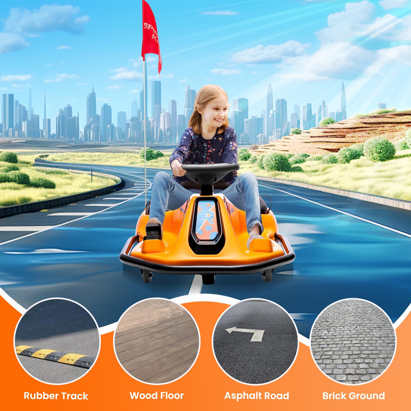 24V Kids Electric Drift Go-Kart with 7Ah Battery - 360° Rotating Drift System, Adjustable Speed & LED Lights - Perfect for Outdoor Play, Birthday Gifts & Backyard Racing (Orange)