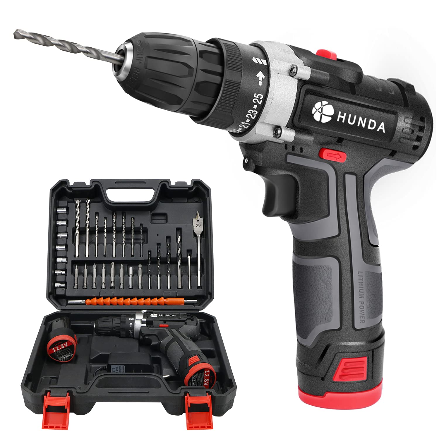 HUNDA 12.8V Cordless Drill Set with Battery & Charger - 30 Pcs Accessories, 25+1 Clutch, 2/5