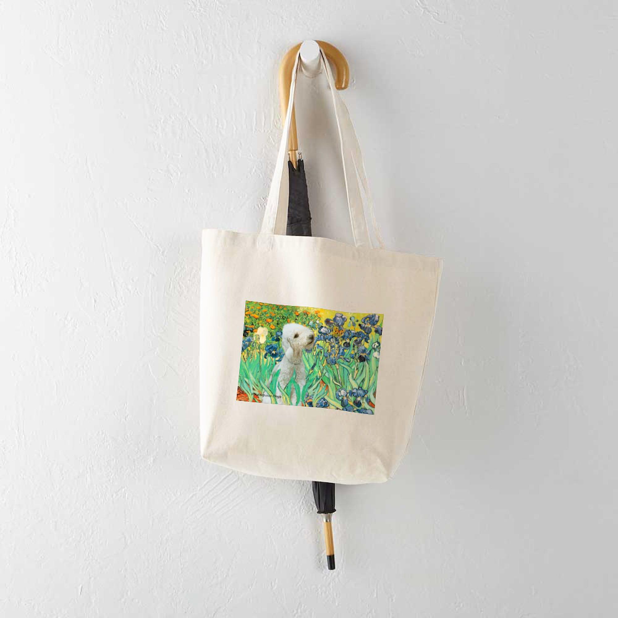 Van Gogh Irises & Bedlington Terrier Print Natural Canvas Tote Bag - Eco-Friendly Reusable Grocery Shopping Bag for Women, Beach, Farmers Market & Daily Use