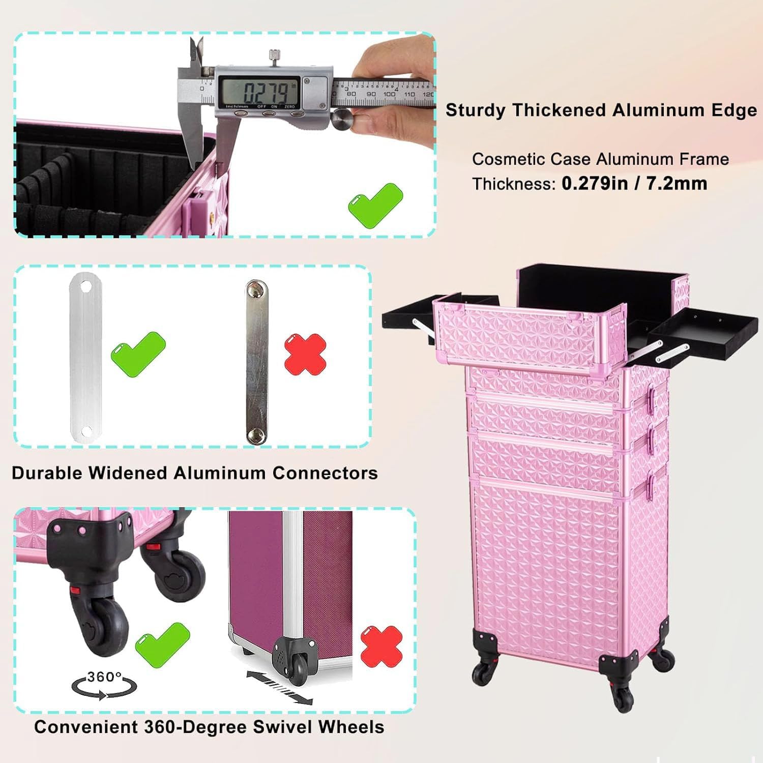 AROUS 5-in-1 Professional Aluminum Makeup Train Case with 360° Swivel Wheels - Extra Large Rolling Cosmetic Organizer for Travel & Salon Use (Pink) | Perfect for Makeup Artists, Beauty Professionals & On-the-Go Stylists