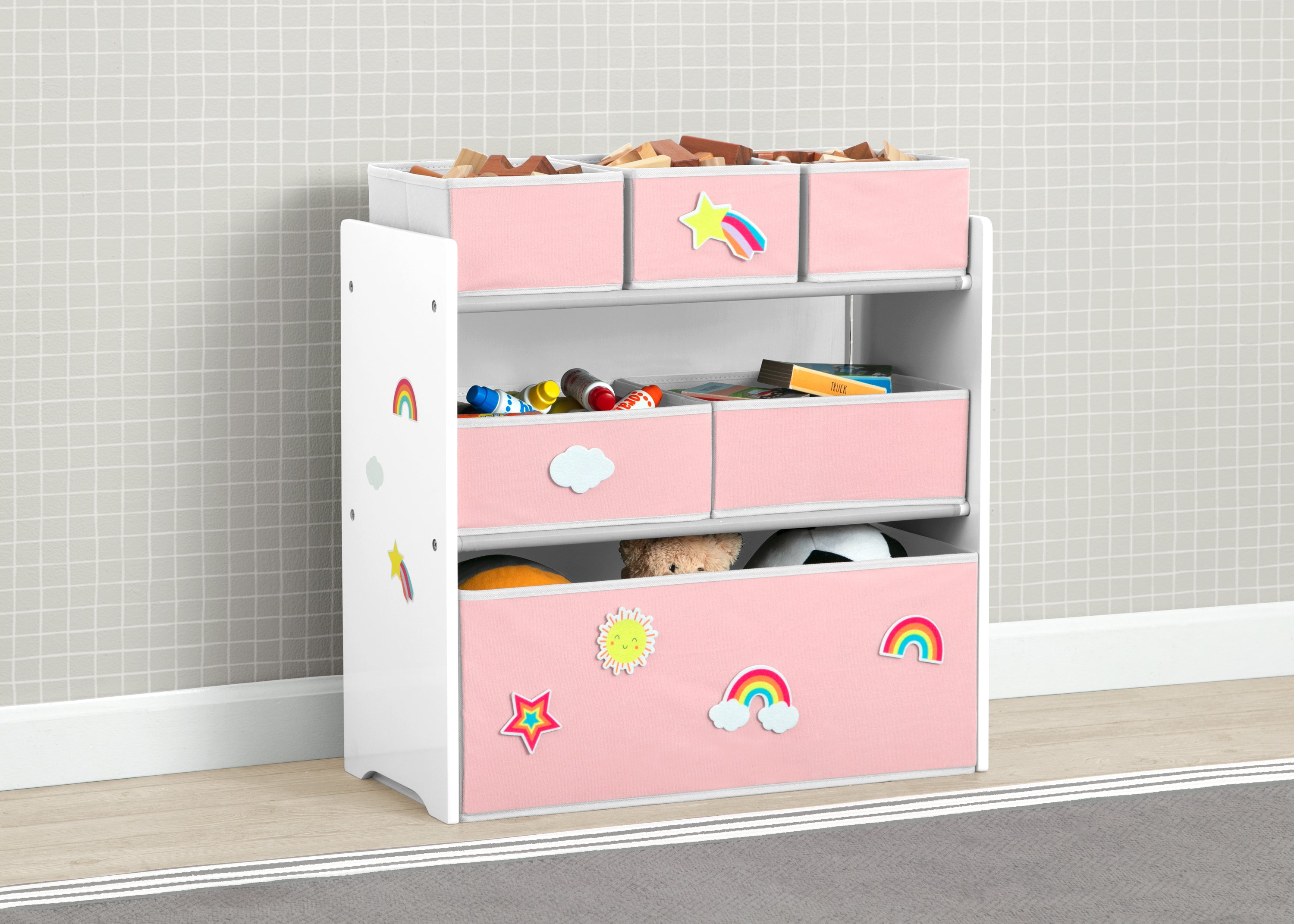 6 Bin Toy Storage Organizer with Interchangeable Patches - Kids Room Organization & Playroom Storage Solution for Toys, Books & Crafts