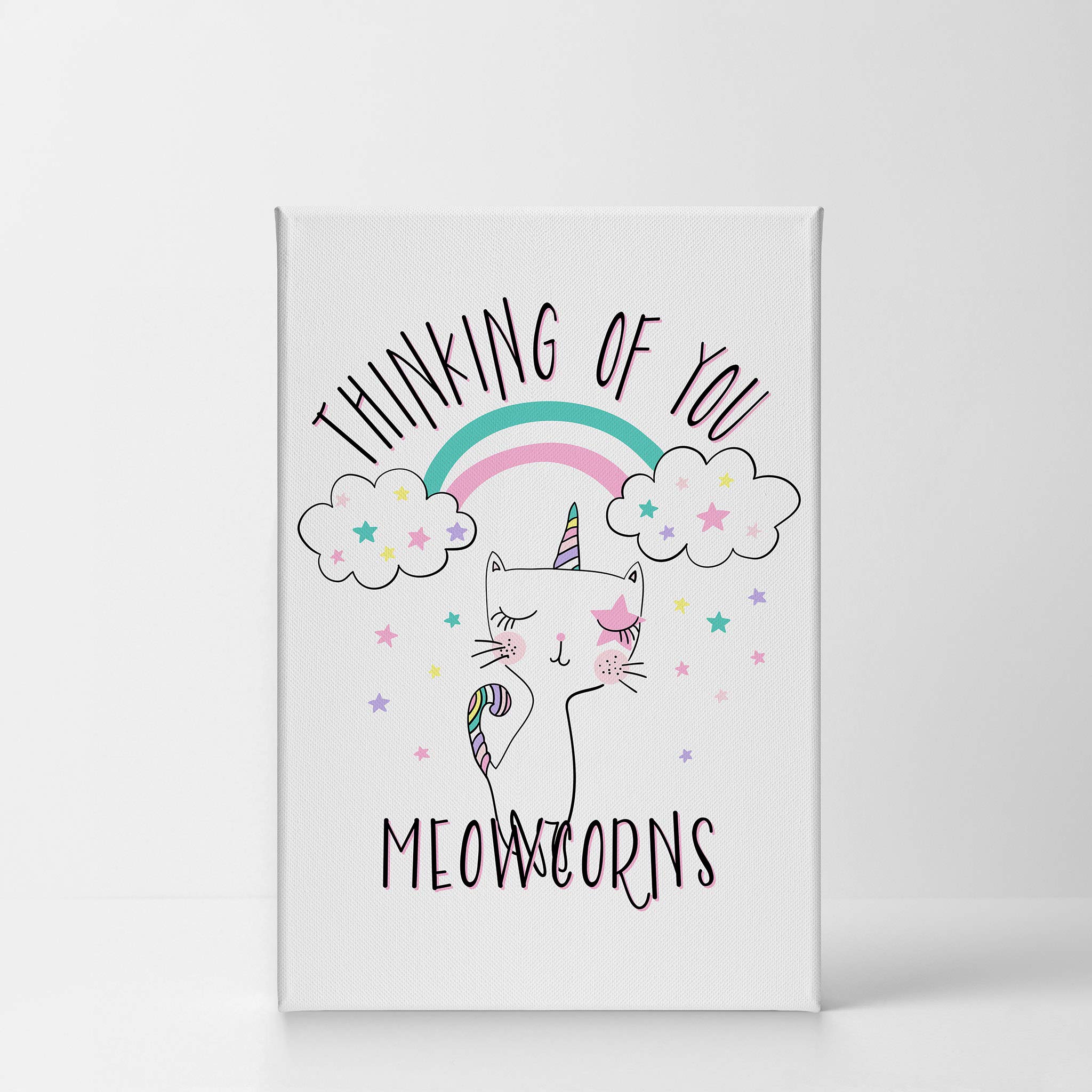 Thinking of You Meowcorns Quote Canvas Print - Unicorn Wall Art for Kids Room, Nursery & Baby Room Decor - Ready to Hang Made in USA (28x19) - Perfect for Birthday Gifts, Baby Showers & Playroom Wall Decor