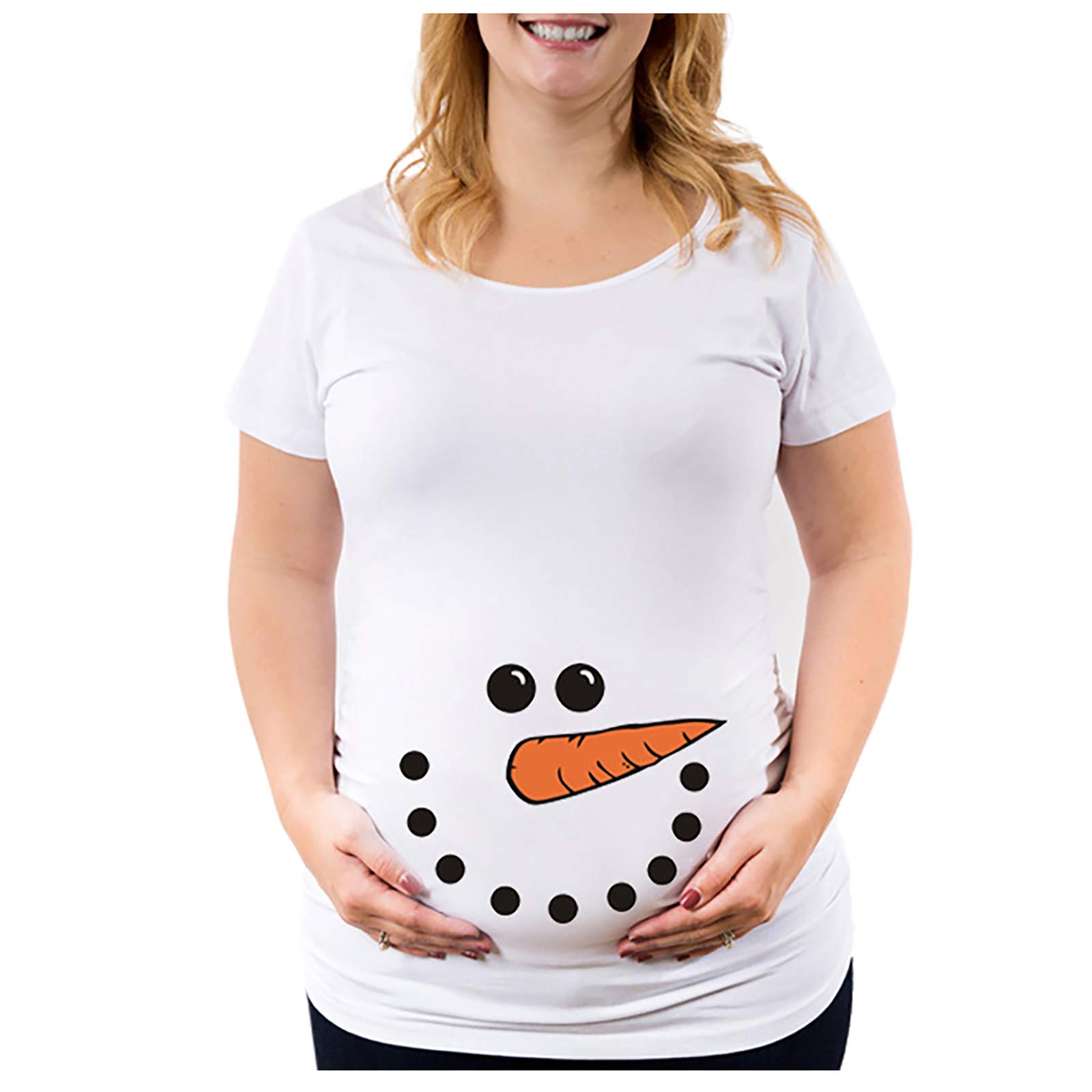Women's Maternity T-Shirts - Short Sleeve Pregnancy Tops with Snowman Digital Print & Side Ruched Design - Comfortable Mama Clothes for Everyday Wear, Baby Showers & Maternity Photos