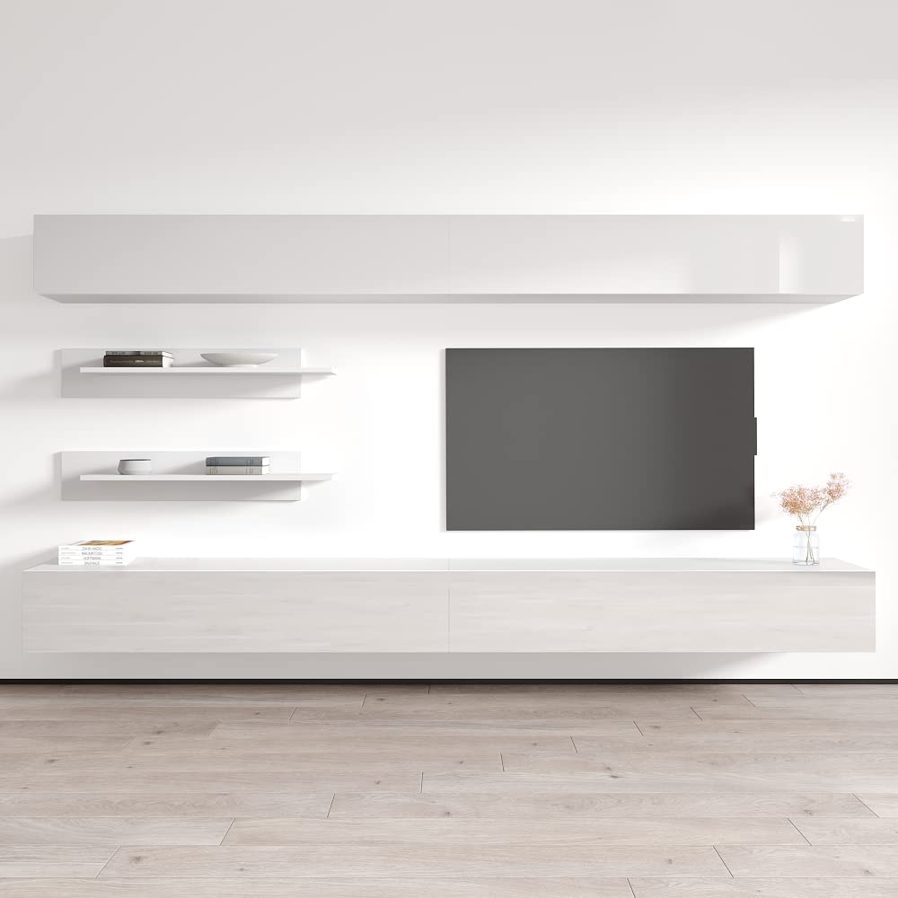 Modern White Wall-Mounted TV Stand with Storage Shelves & LED Lights - Floating Entertainment Center Console for Bedroom & Living Room - Perfect for Small Spaces & Home Theater Setup - Meble Furniture Fly I1 30TV Stand