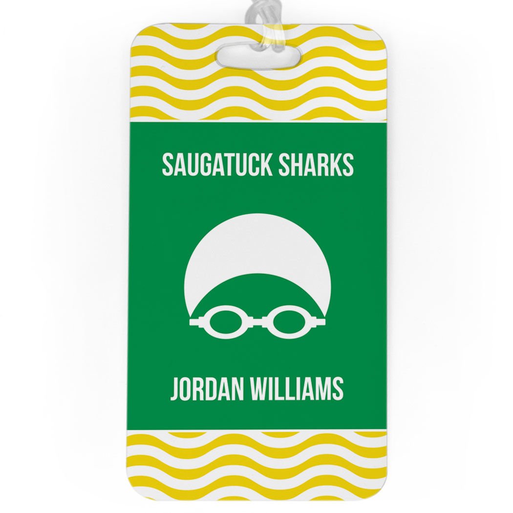 Personalized Swim Team Luggage Tag with Swimmer Design - Large Yellow/Green Waterproof Bag Tag for Swim Meets, Travel & Pool Accessories | Durable Standard Lines on Back