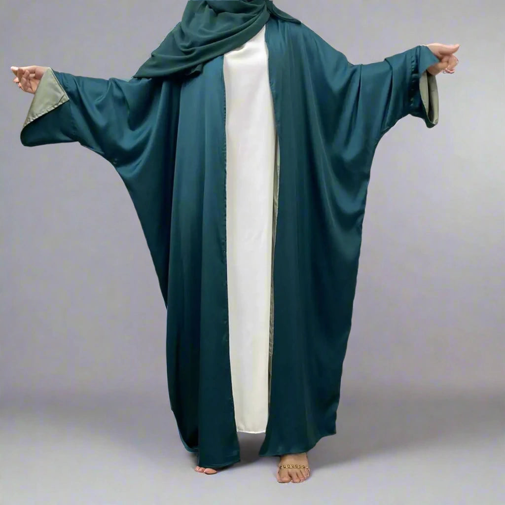Reversible Satin Batwing Sleeve Farasha Cardigan Open Abaya Dress for Women - Elegant Muslim Abaya Dress for Prayer, Wedding & Special Occasions