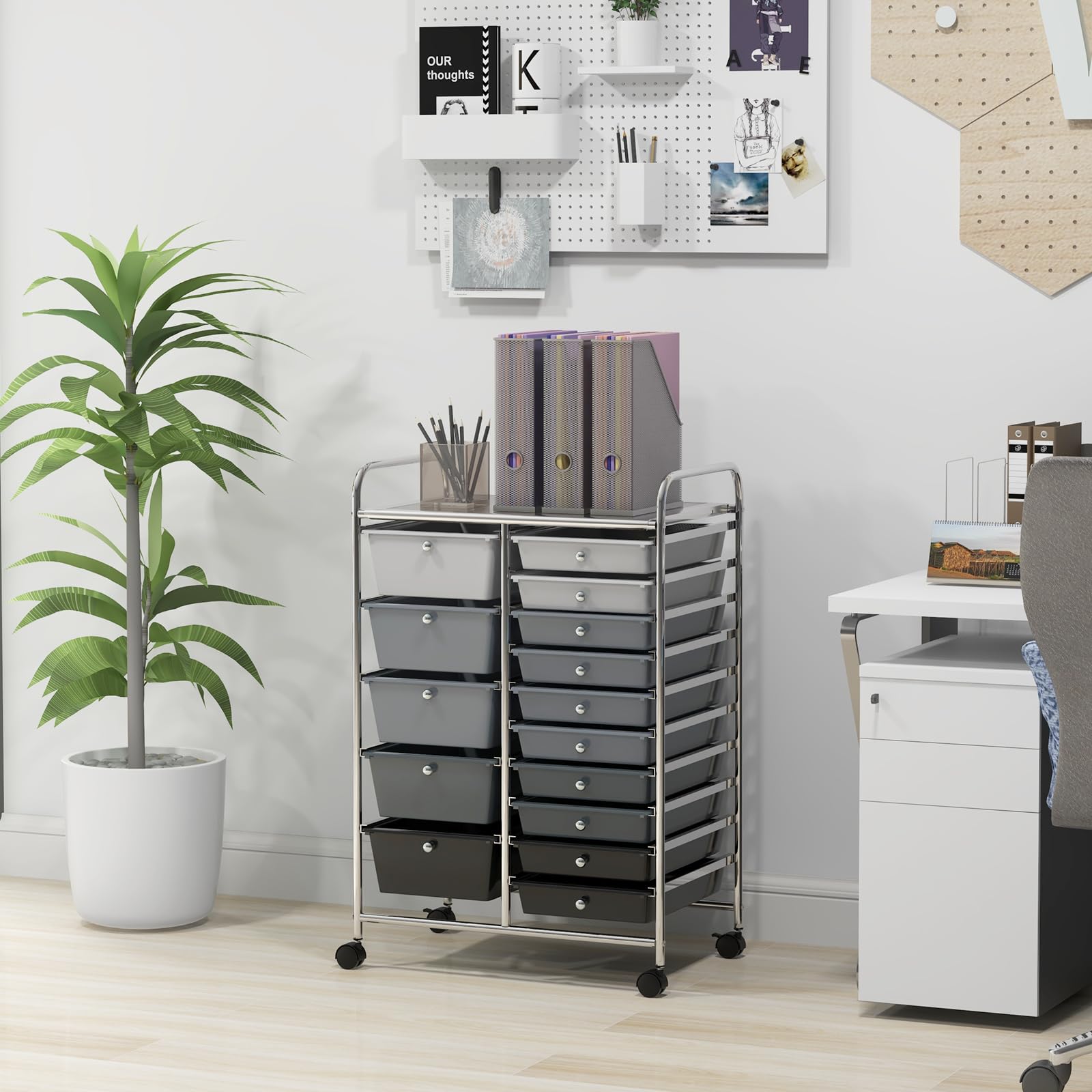 HAPPYGRILL 15-Drawer Rolling Storage Cart with Wheels - Mobile Organizer for Office, School & Home - Perfect for Tools, Paper & Supplies Storage