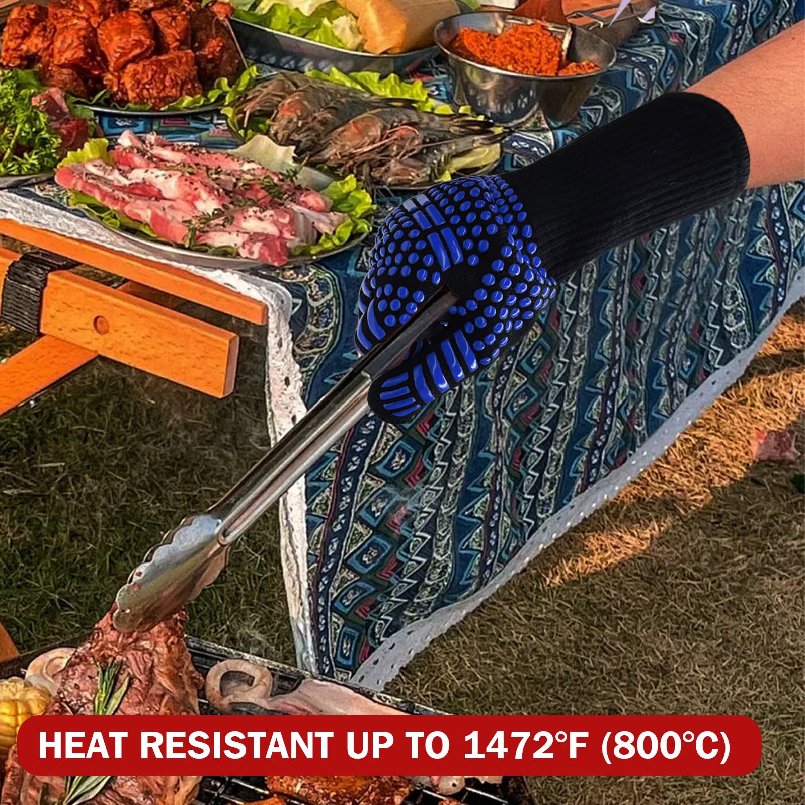 Heat Resistant BBQ Gloves for Men & Women (1472°F) - 13 Inch Silicone Oven Mitts with Non-Slip Grip - Heat Proof Grill Gloves for Cooking, Grilling, Barbecuing & Frying - Perfect for Backyard BBQs, Campfire Cooking & Kitchen Safety (Blue)