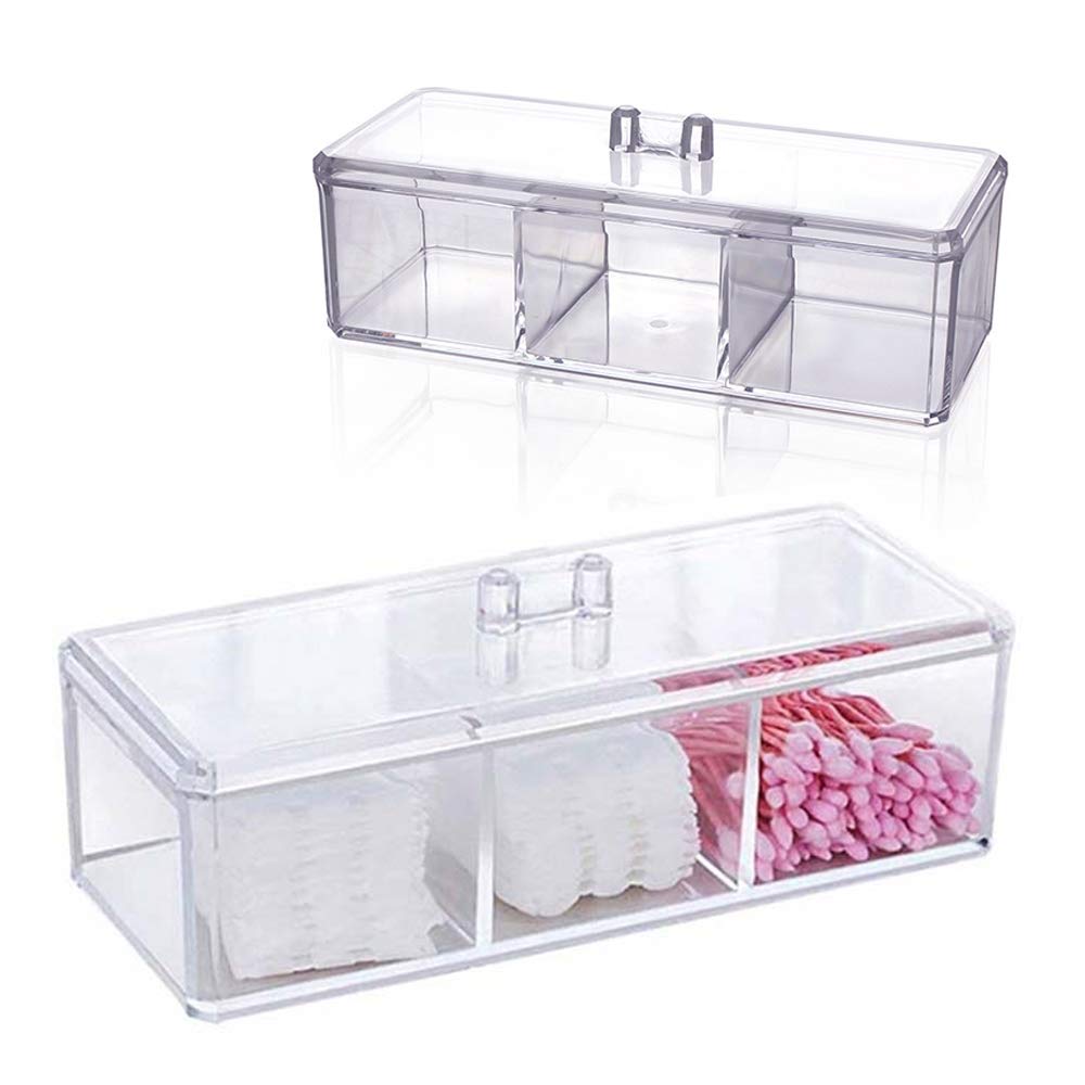 Acrylic Cotton Ball & Swab Organizer - 3 Compartment Dustproof Container for Makeup & Cosmetics - Bathroom & Vanity Storage