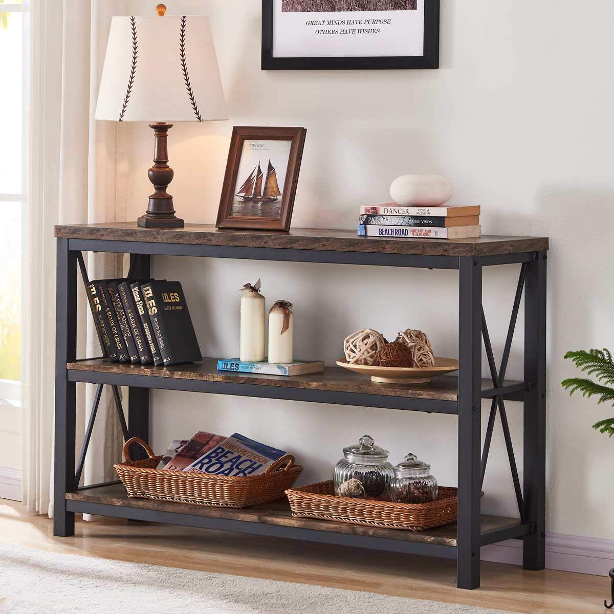 BON AUGURE 47 Inch Rustic Brown Industrial Sofa Console Table - 3 Tier Entryway Hallway Table, Rustic Hall Table Behind Couch - Perfect for Living Room, Foyer, and Home Decor