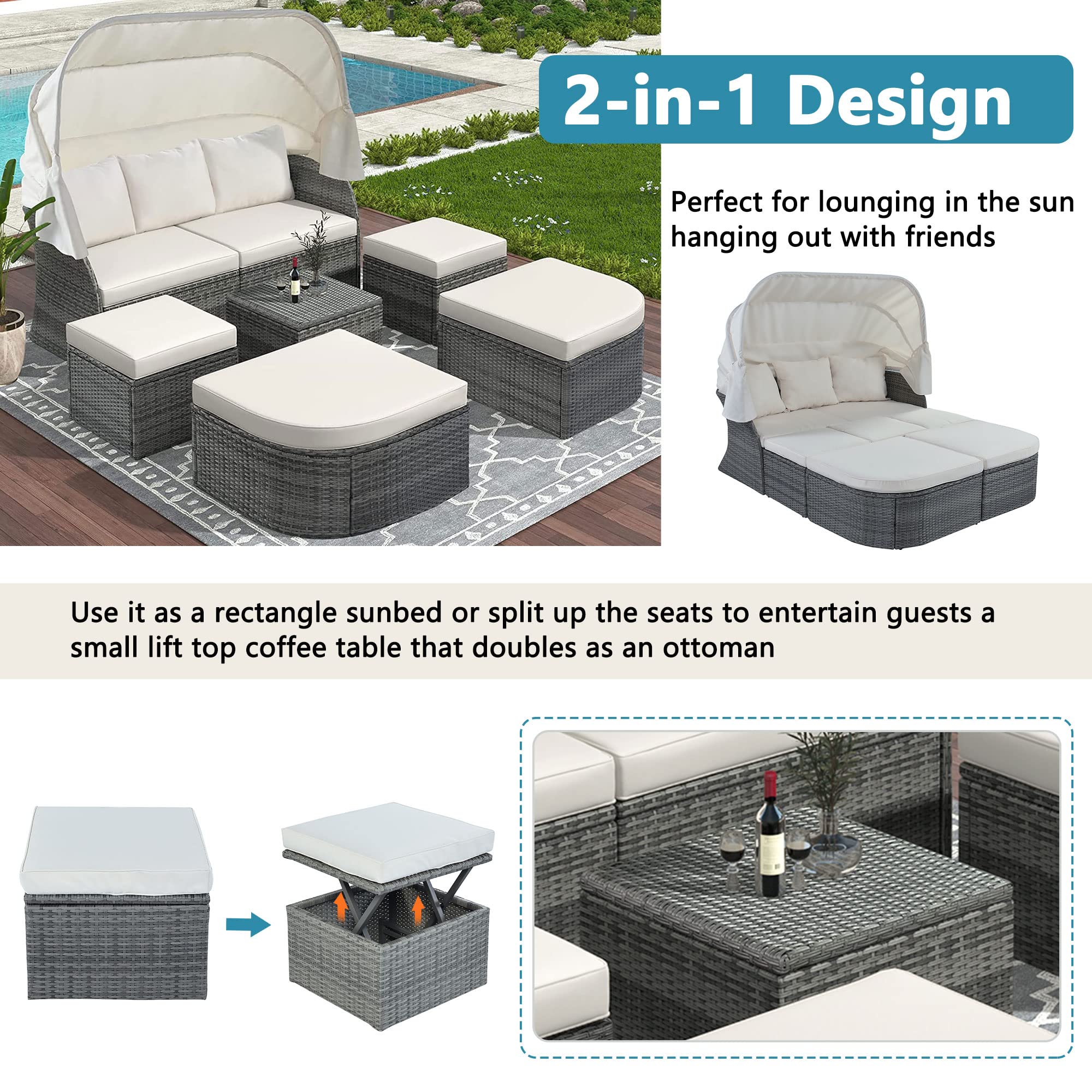 Polibi Patio Sunbed with Retractable Canopy - Rattan Wicker Outdoor Daybed Sofa Set with Soft Beige Cushions - Perfect for Garden, Poolside, Backyard, and Patio Relaxation