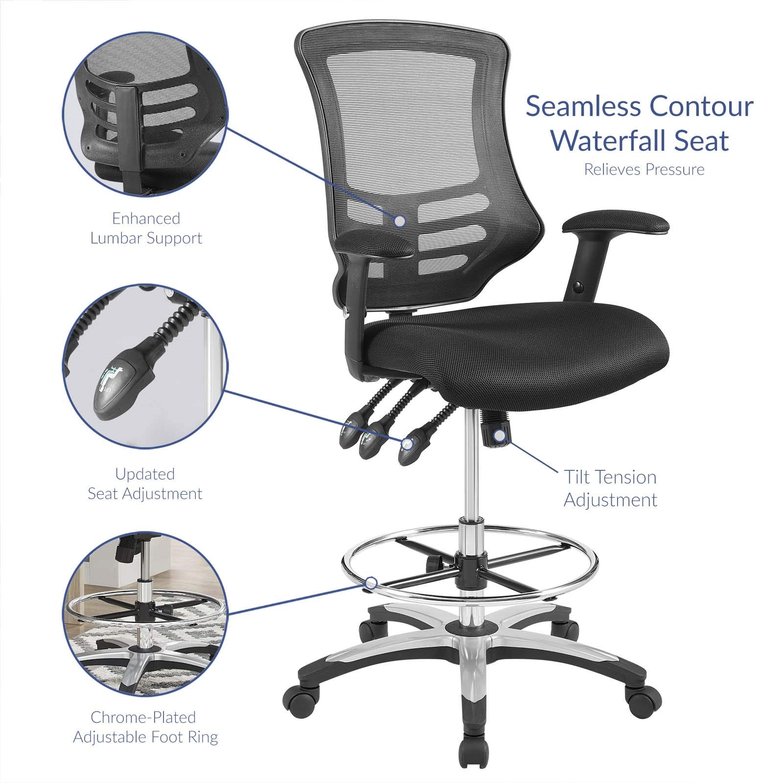 Modway Calibrate Ergonomic Mesh Drafting Chair - Adjustable Height Black Office Chair for Reception & Desk Work - Perfect for Architects, Designers & Long Hours Sitting