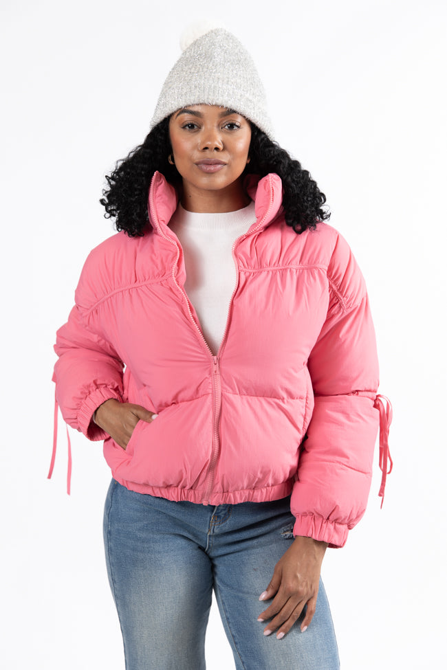 Pink Bow Sleeve Puffer Jacket for Women - Cozy Winter Outerwear with Stylish Bow Details | Perfect for Cold Weather, Date Nights & Holiday Outfits