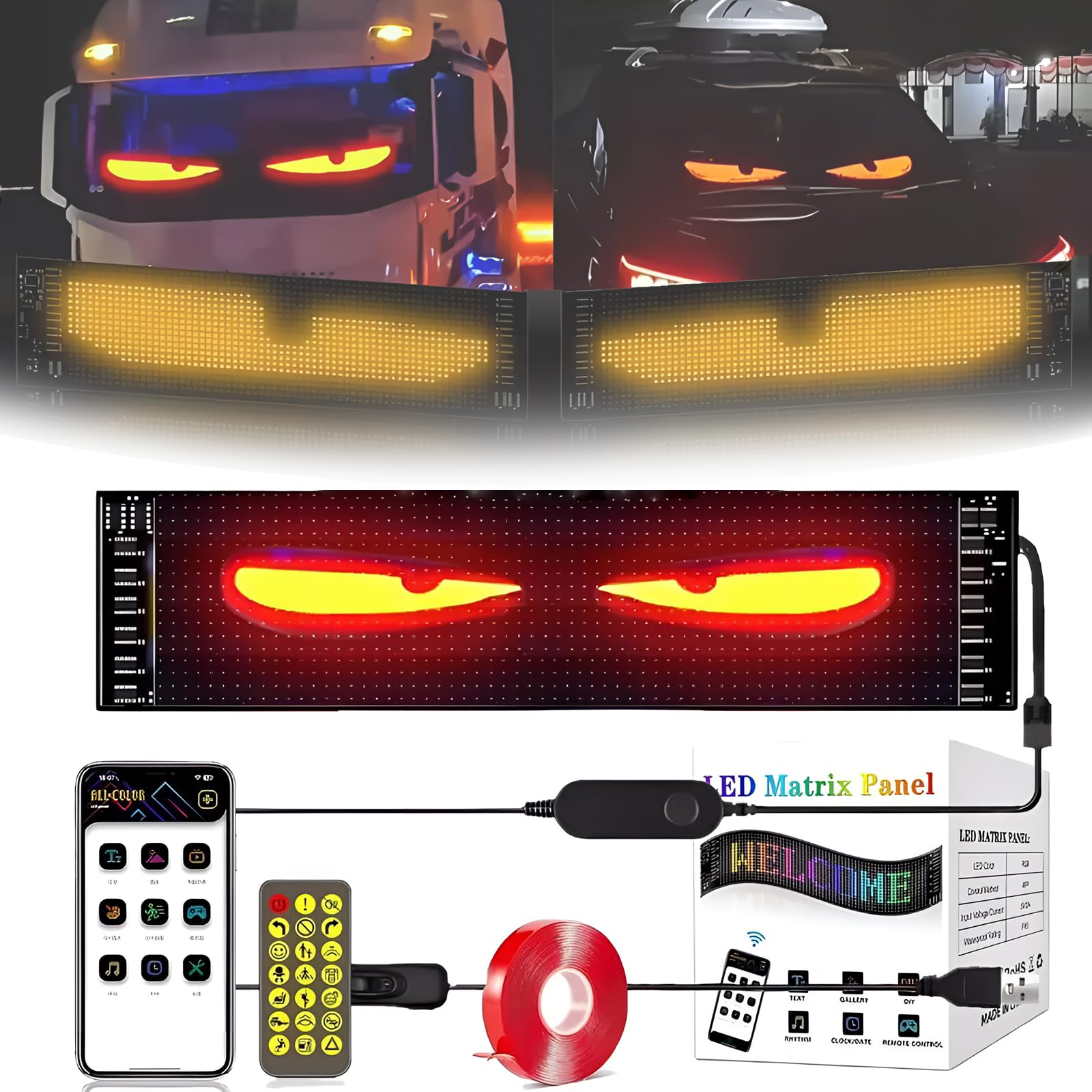 Colorful DIY Car LED Eye Lamp - 3.6x14.7in Programmable Dynamic LED Matrix Display with Smartphone Control & Remote Access - Soft Screen for Car Windows - Perfect for Night Driving, Car Shows & Vehicle Customization