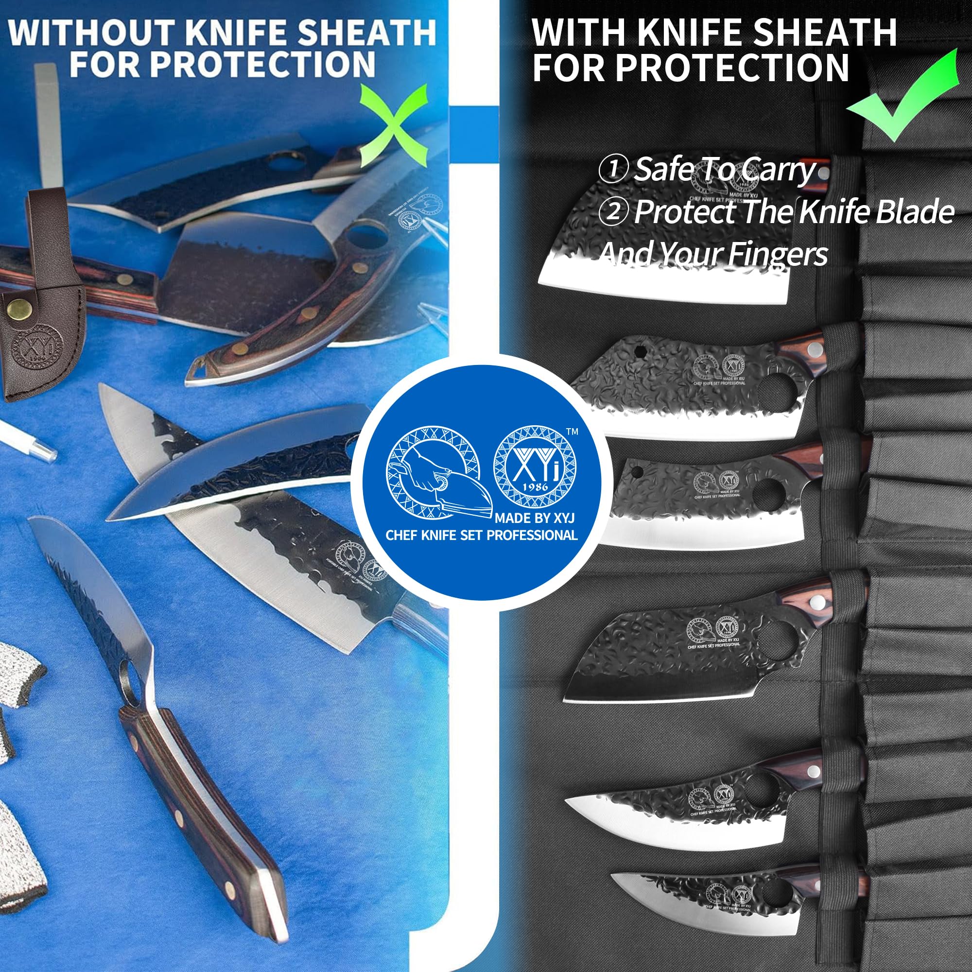 XYJ FULL TANG Camping Knives Set - Professional Chinese Butcher, Vegetable & Chef Knives with Boning Blade - Includes Leather Sheath, Roll Bag & Kitchen Tools - Perfect for Outdoor Camping, Hunting & Home Cooking