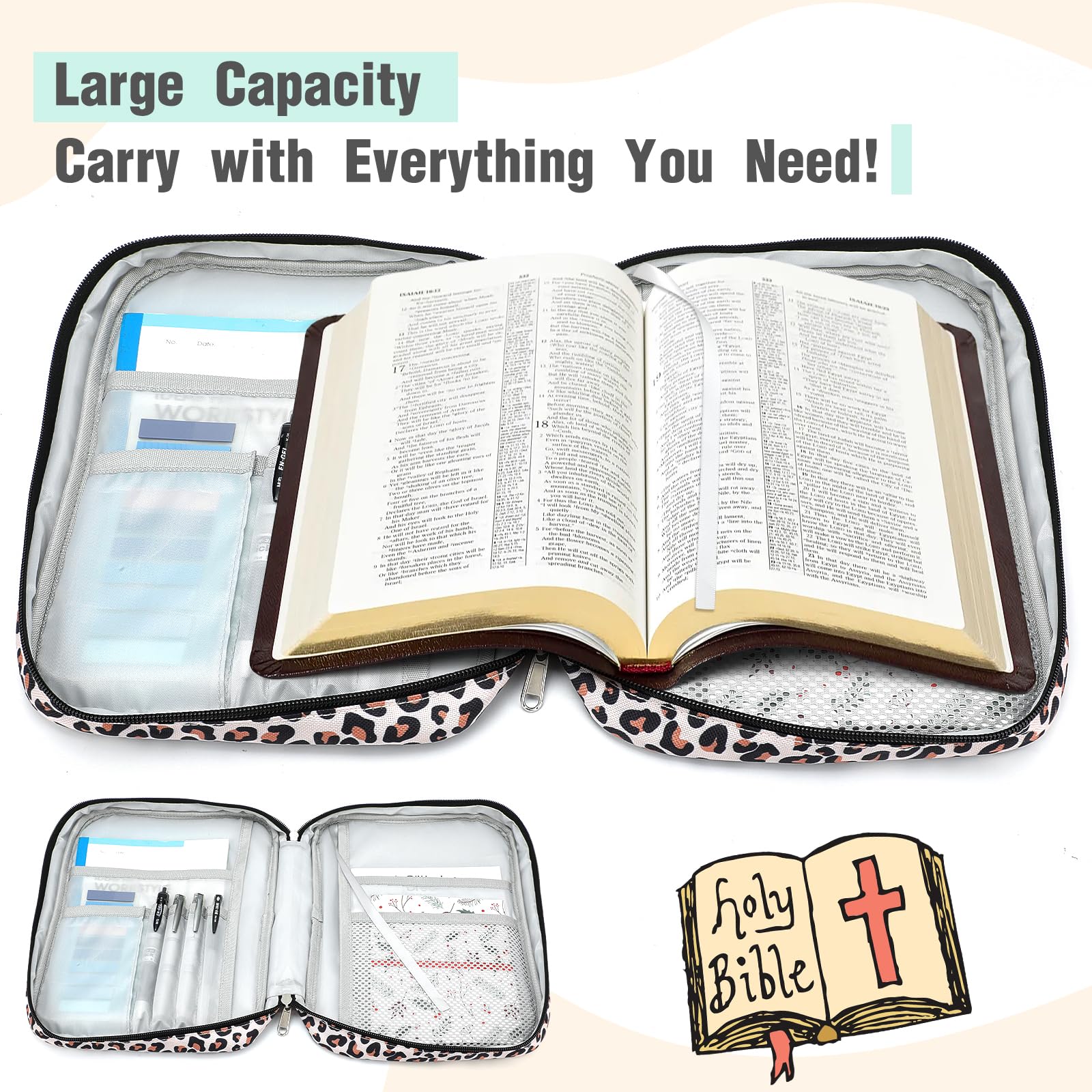 Bible Cover with Handle and Zippered Pocket - Durable Protective Book Case for Bible with 200 PCs Bible Tabs - Leopard Print Design for Men, Women, Mothers, and Girls - Perfect for Church, Travel, and Daily Bible Study