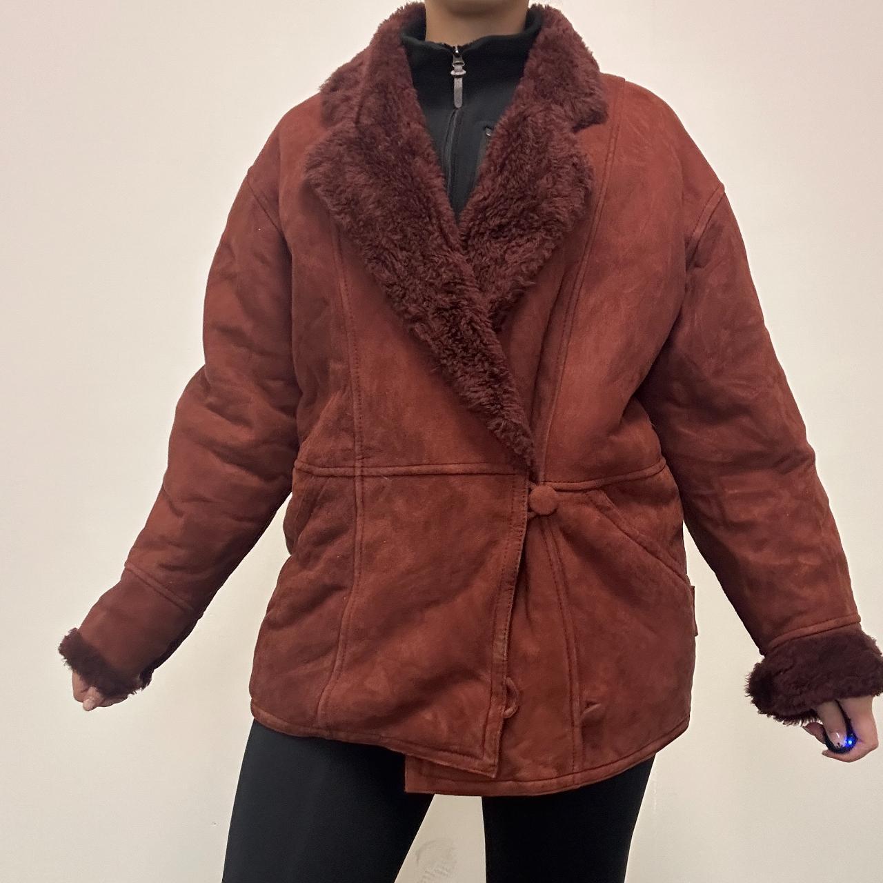 Anne Klein Women's Red Shearling Suede Sheepskin Coat - Size UK 12 | Winter Warm Long Coat for Women | Perfect for Cold Weather, Outdoor Activities & Fashion Styling
