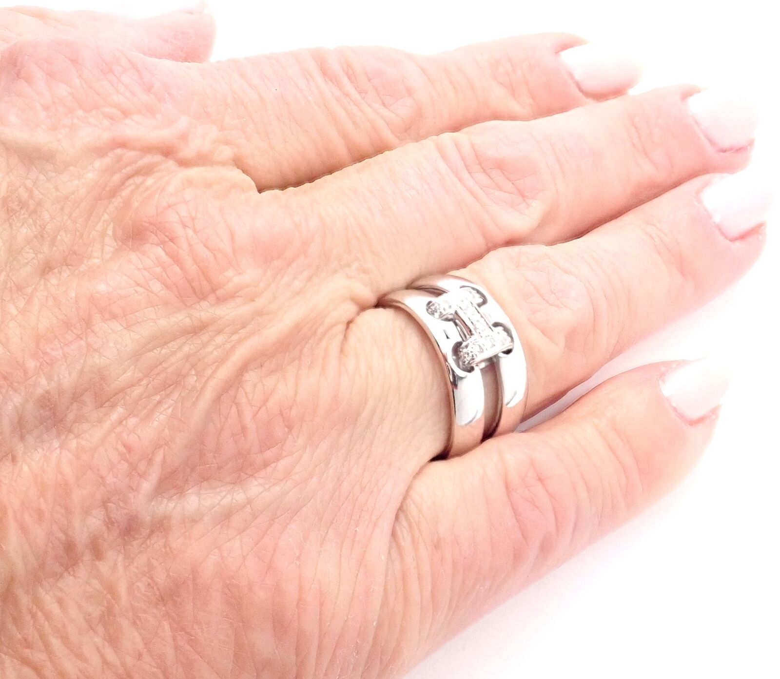 Authentic Hermes 18k White Gold Diamond H Double Band Flex Ring - Luxury Jewelry for Women, Perfect for Weddings, Anniversaries & Special Occasions