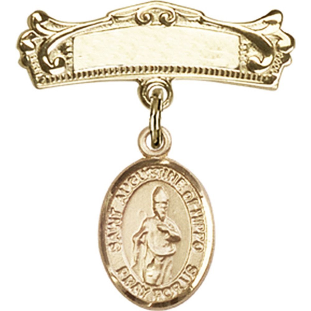 Gold Filled Baby Badge with St. Augustine of Hippo Charm - 7/8 X 3/4 Inch Arched Polished Pin for Christening, Baptism & First Communion Gifts