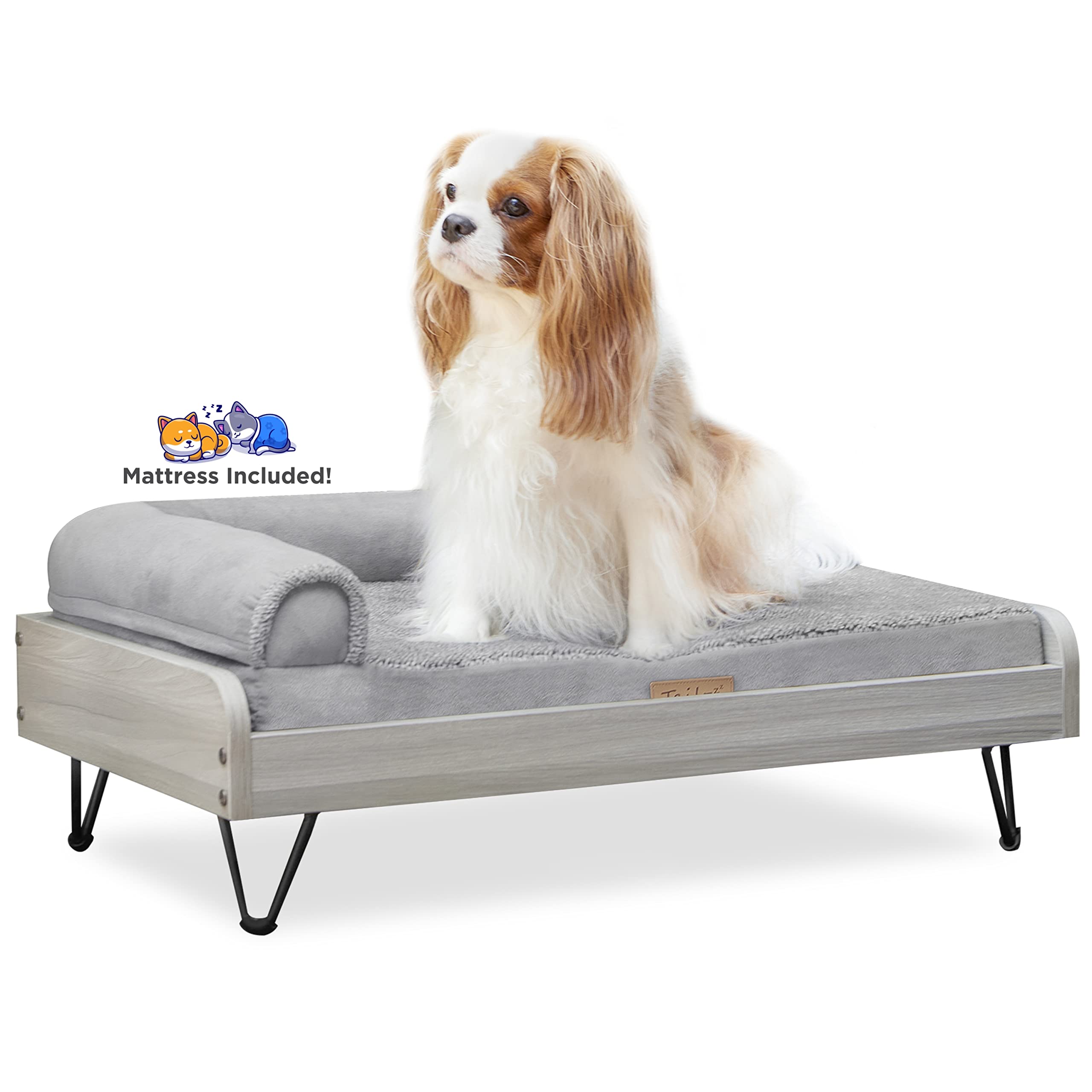 Elevated Wooden Dog Bed with Waterproof Mattress for Small to Medium Dogs – Calming Pet Bed, Greenguard Gold Certified, Modern Dog Couch in Silver (Asher) – Perfect for Indoor Use, Living Room, or Bedroom
