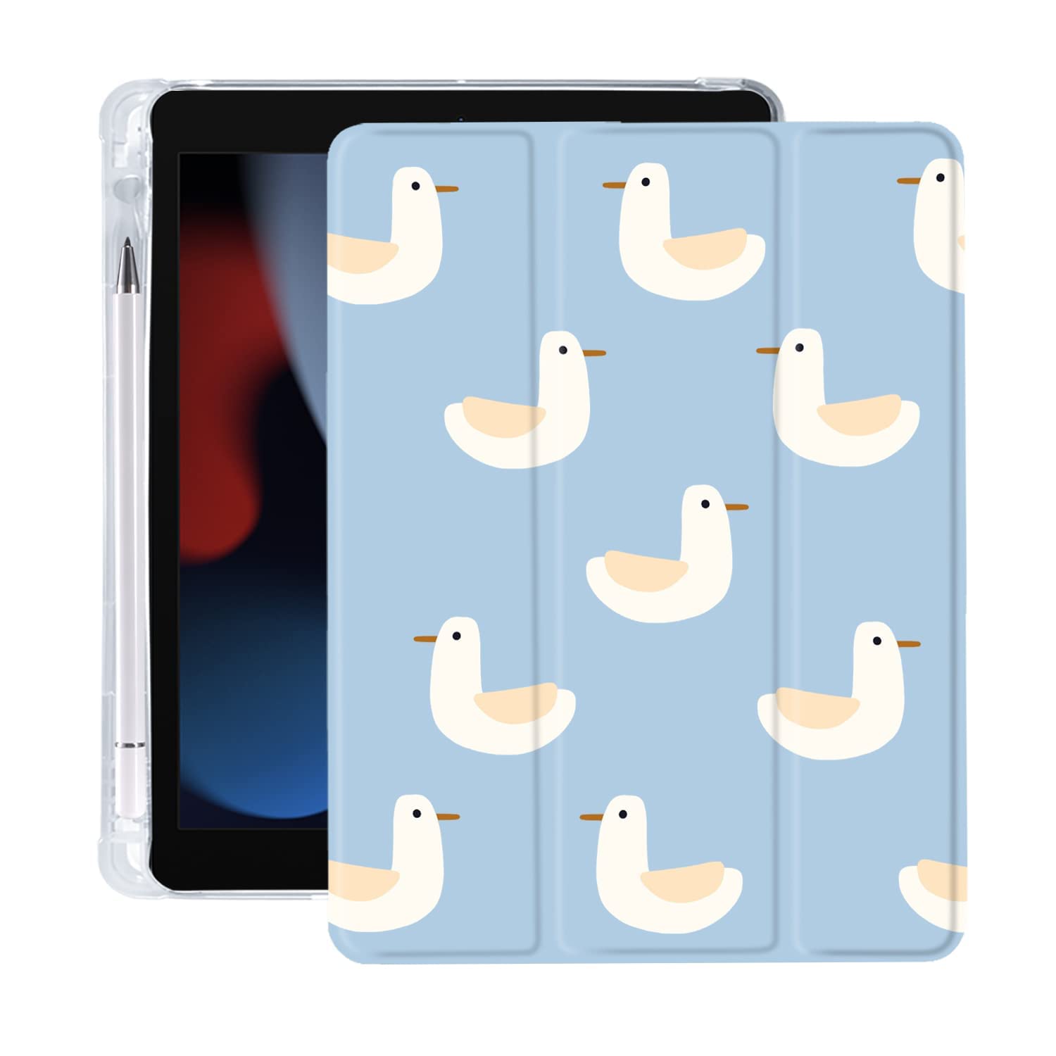 Cartoon Duck iPad Air 3 Case with Pencil Holder - Blue Leather & Clear TPU Back Cover for iPad Pro 10.5 Inch (2017) | Auto Sleep/Wake Function | Perfect for School, Office & Travel Protection