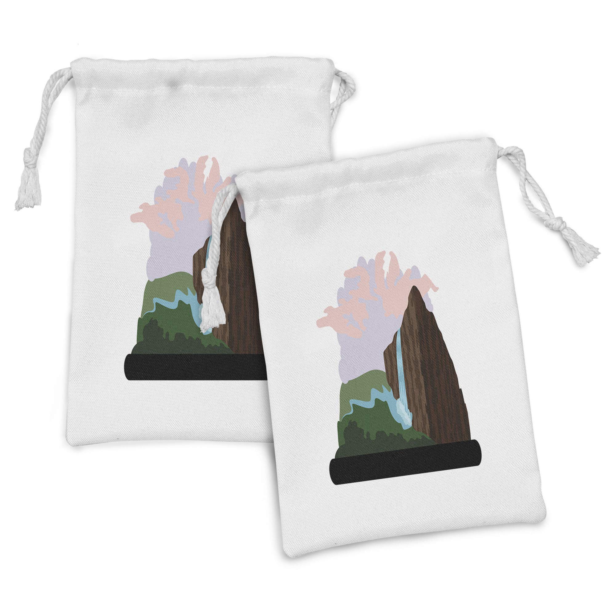Ambesonne 2-Pack Fabric Pouch Set - Mountain Waterfall Nature Design, Small Drawstring Bags for Toiletries, Travel Essentials & Party Favors (9