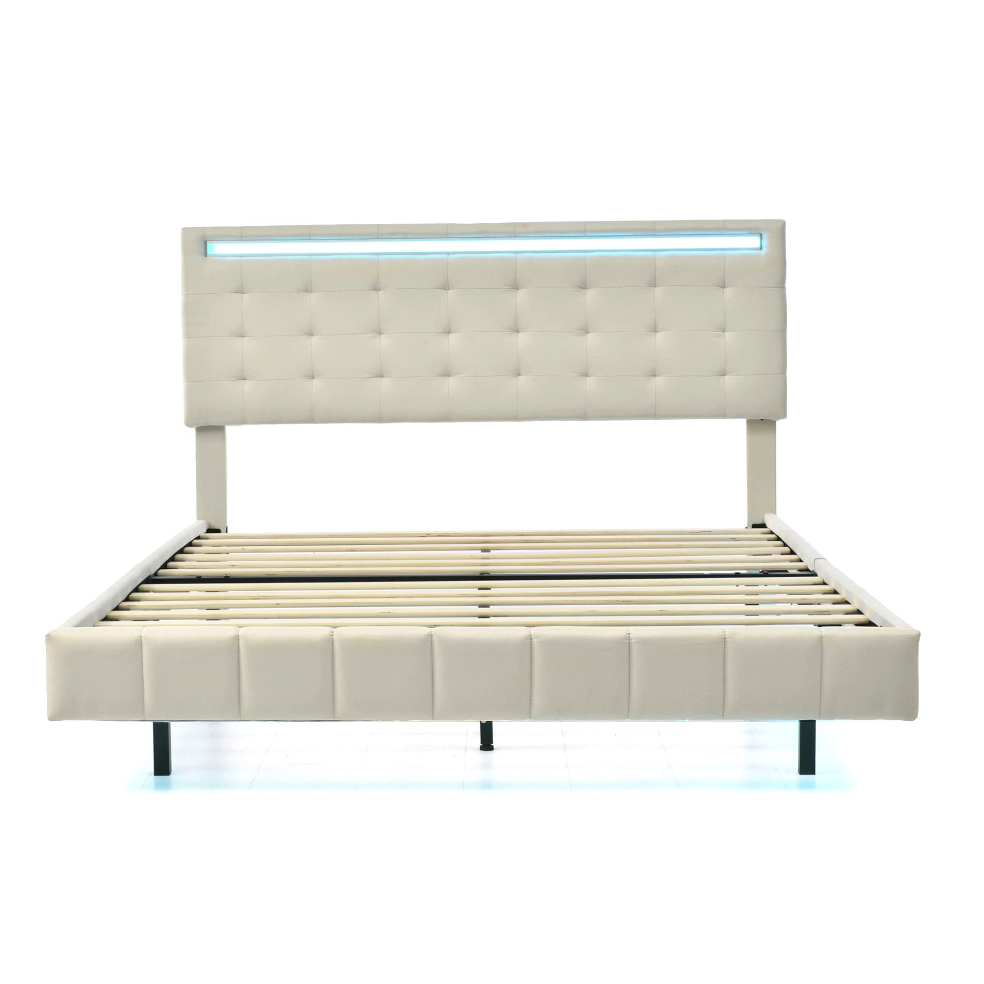 Merax Queen Size Floating LED Platform Bed Frame with Wood Slats & USB Charging - Upholstered Wood Bed with LED Lights, No Box Spring Needed, Easy Assembly in Beige - Perfect for Modern Bedrooms & Smart Home Decor
