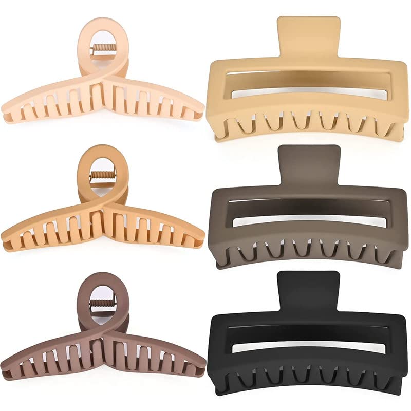 SHIDARA 6 Pack Extra Large Hair Claw Clips for Women - Matte Square Hair Clips for Thick, Thin & Long Hair - Non-Slip XL Heavy Duty Jaw Clips (6 x 5.1 Inch, Neutral Colors) - Perfect for Work, Gym & Everyday Hairstyles