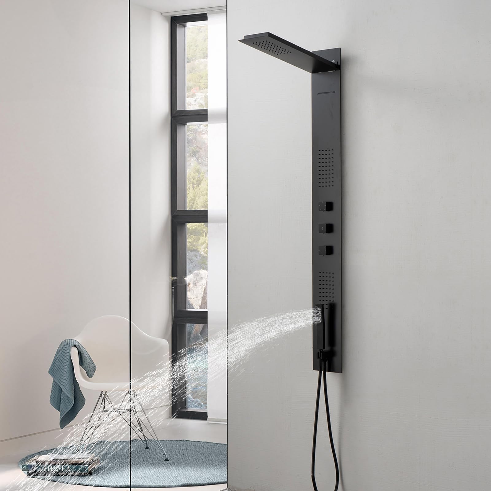 BWE Modern Rainfall Shower Panel Tower System - 304 Stainless Steel Multi-Function Shower Tower with 2 Powerful Body Jets & Handheld Showerhead (Black) - Perfect for Spa-Like Bathroom Upgrades and Luxury Shower Experience