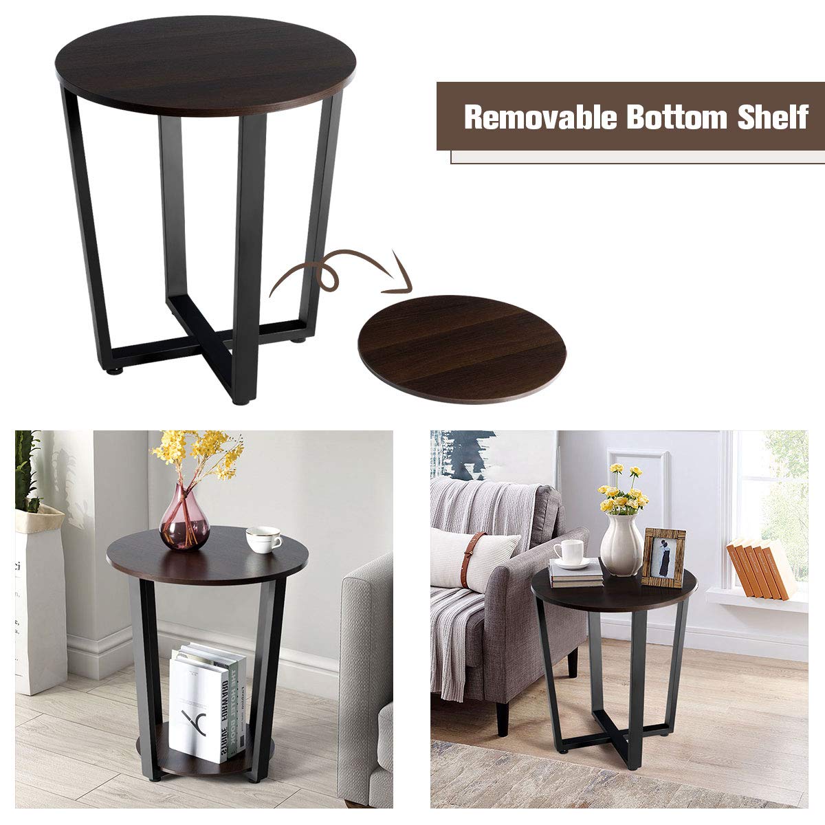 Tangkula 2-Tier Round End Table with Storage Shelf - Industrial Style Metal Sofa Side Table for Living Room, Bedroom & Office - Espresso Finish - Perfect for Small Spaces & Home Decor
